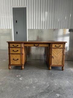 1960s Chevron Bamboo Rattan Wood Desk