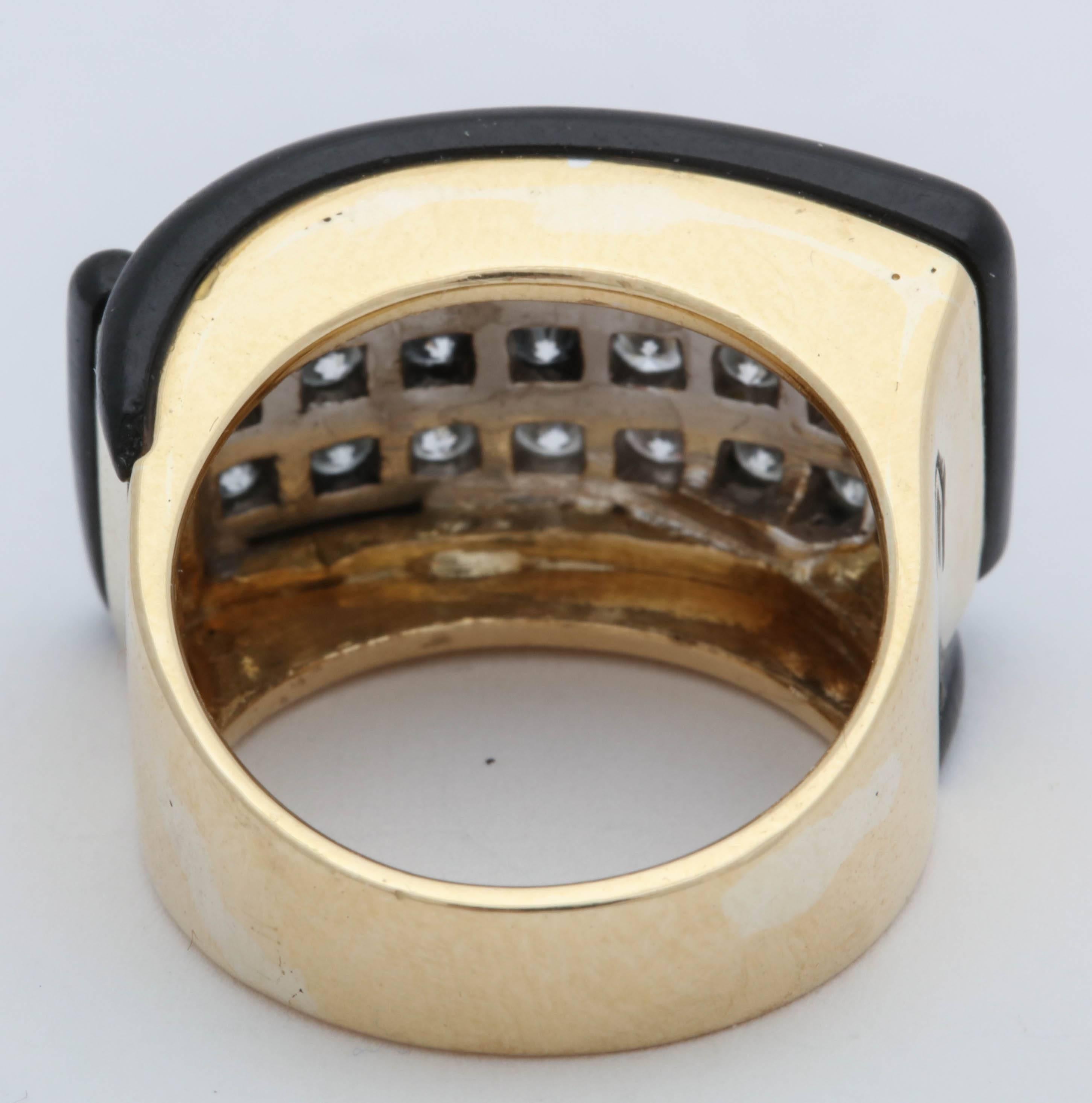 Women's 1960s Chic Geometric Diamond with Custom Cut Onyx Edges Gold Band Style Ring