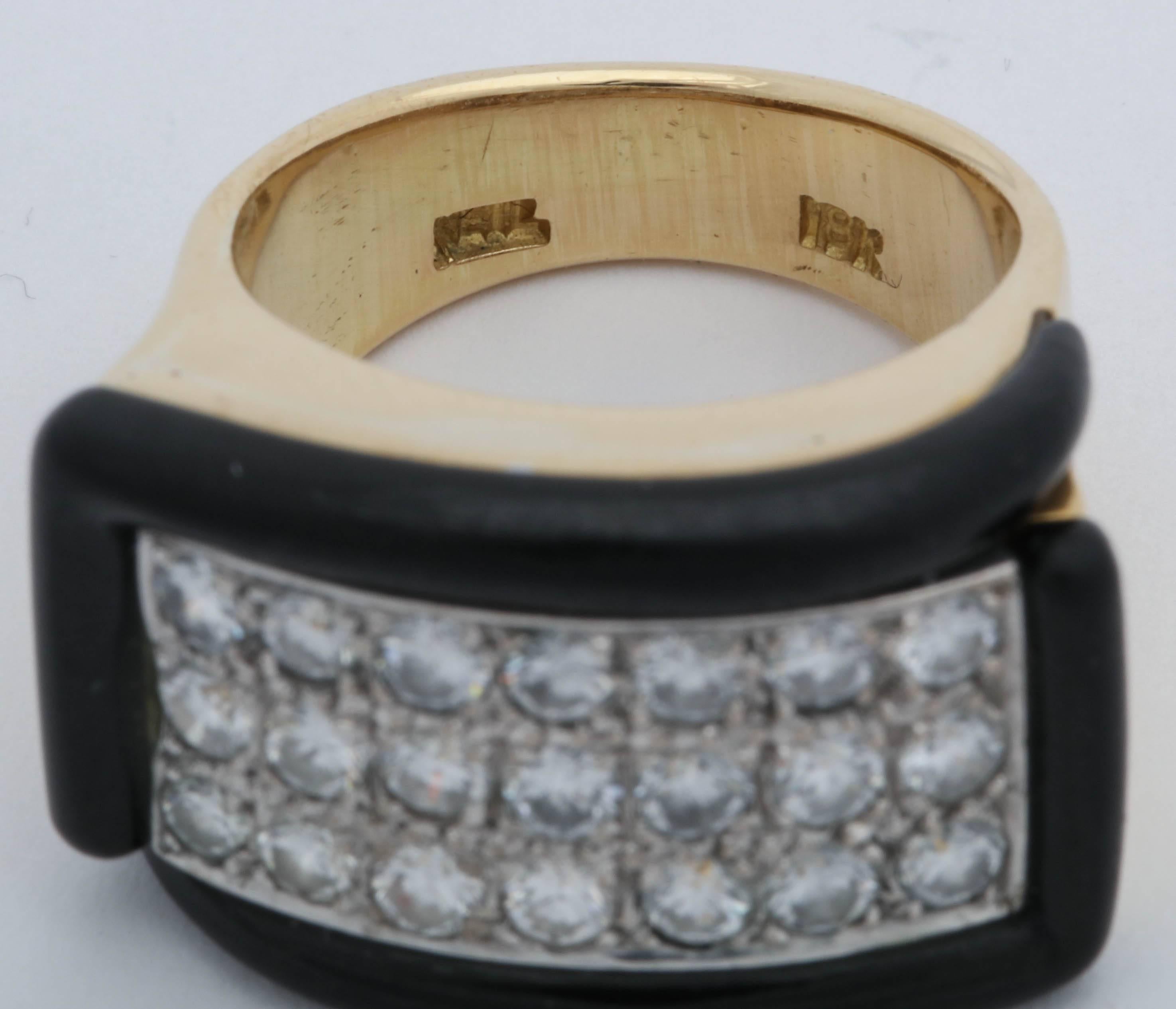 1960s Chic Geometric Diamond with Custom Cut Onyx Edges Gold Band Style Ring 2