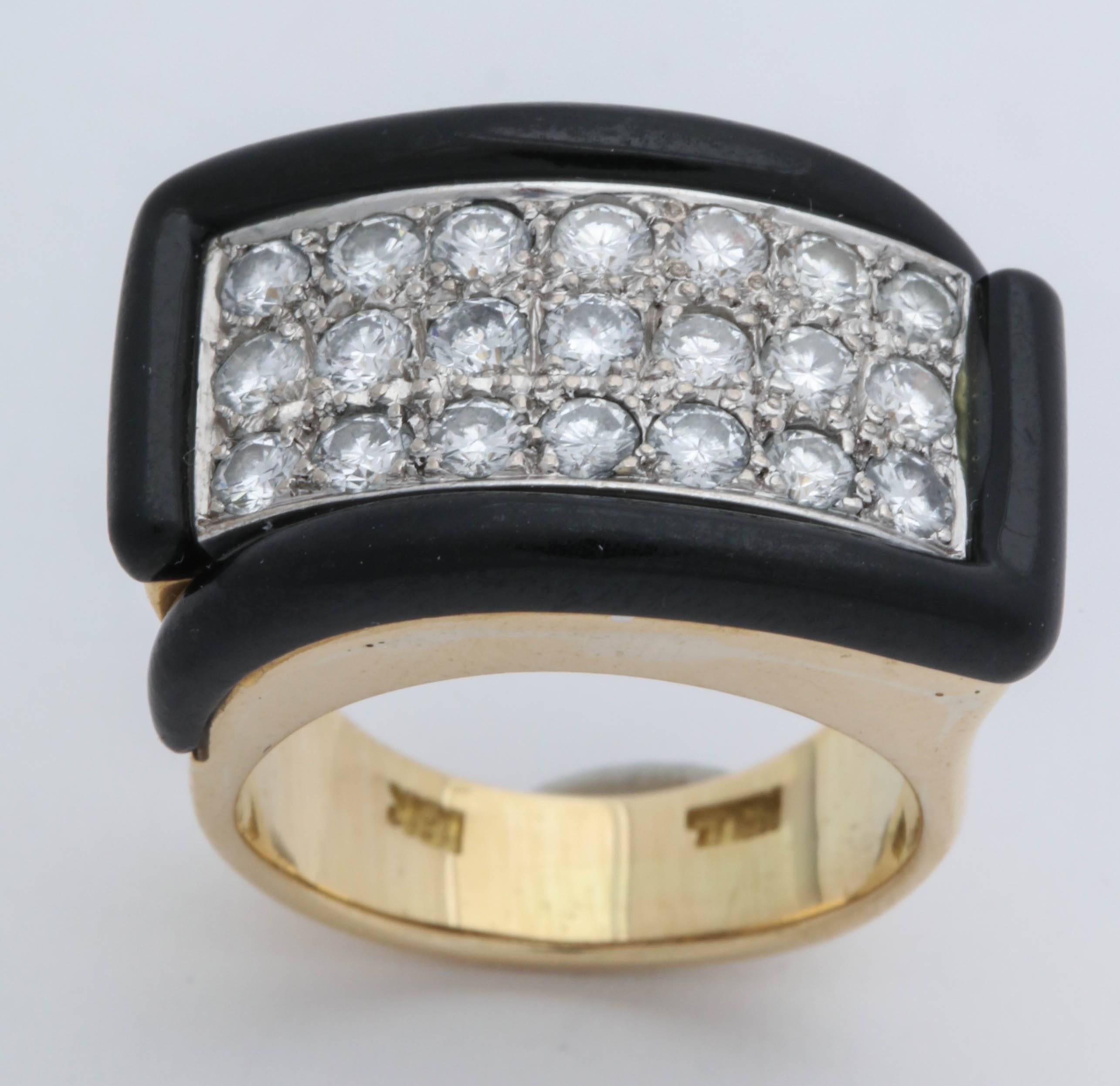 1960s Chic Geometric Diamond with Custom Cut Onyx Edges Gold Band Style Ring 3