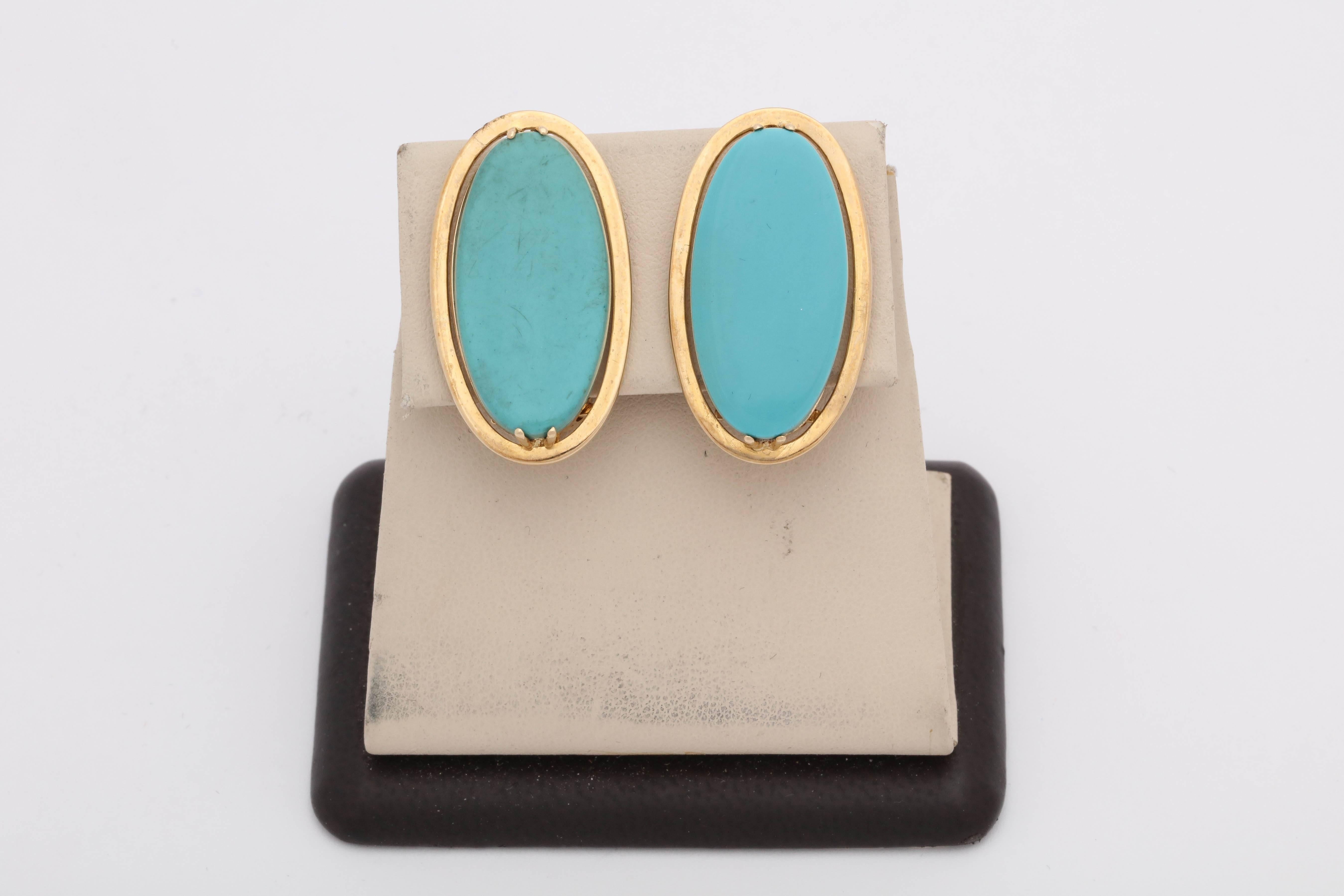 One Pair Of Ladies Large 18kt Gold Earclips With Fancy Clip On Backs. Earrings Are Centering Two Large Turquoise Oval Cut Stones Measuring Approximately 25Mm Each Stone. Designed In A Beautiful And Clean Bezel Setting With Eight Extra Prongs Holding