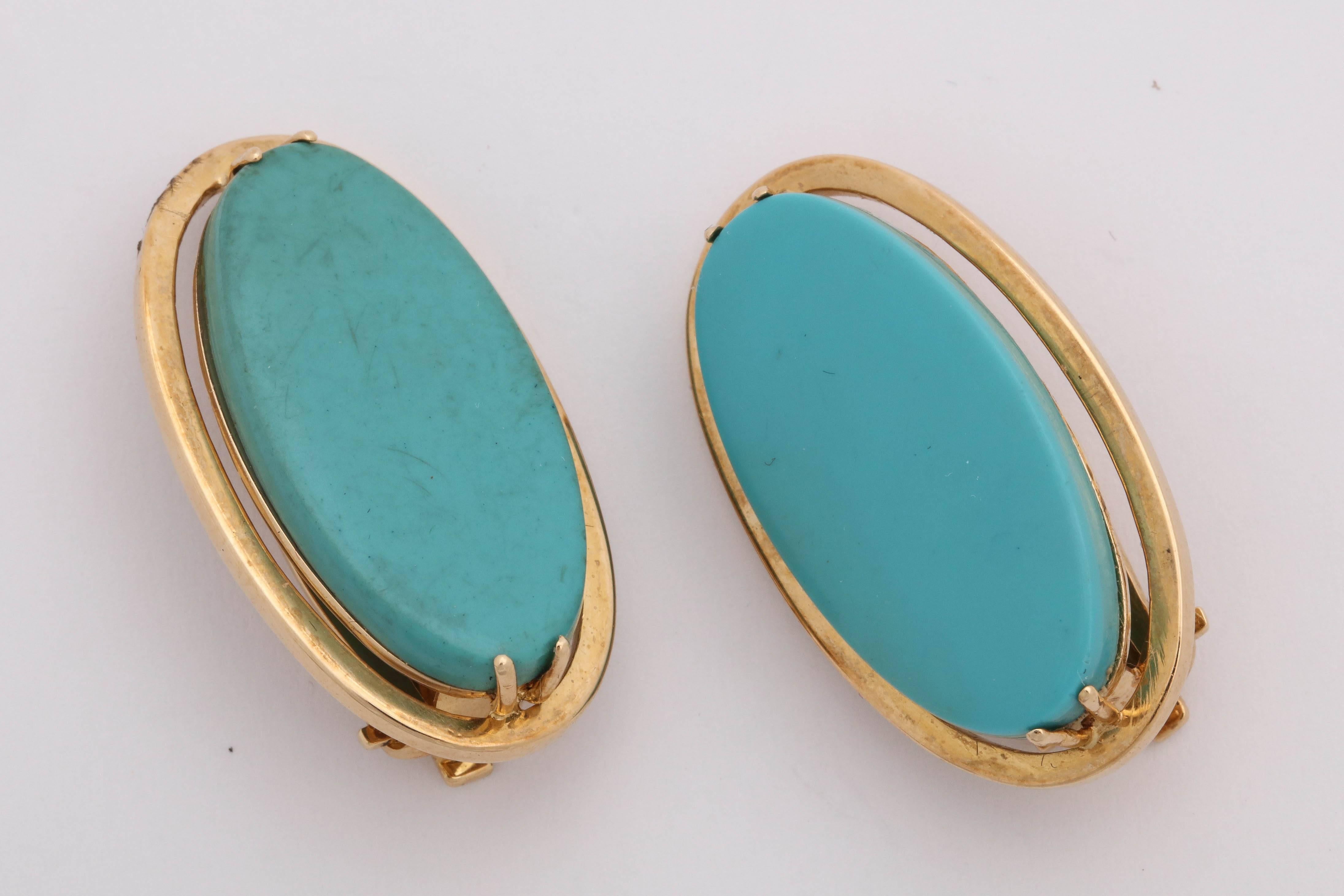 Oval Cut 1960s Chic Large Sleeping Beauty Turquoise and Gold Oval Fancy Earclips