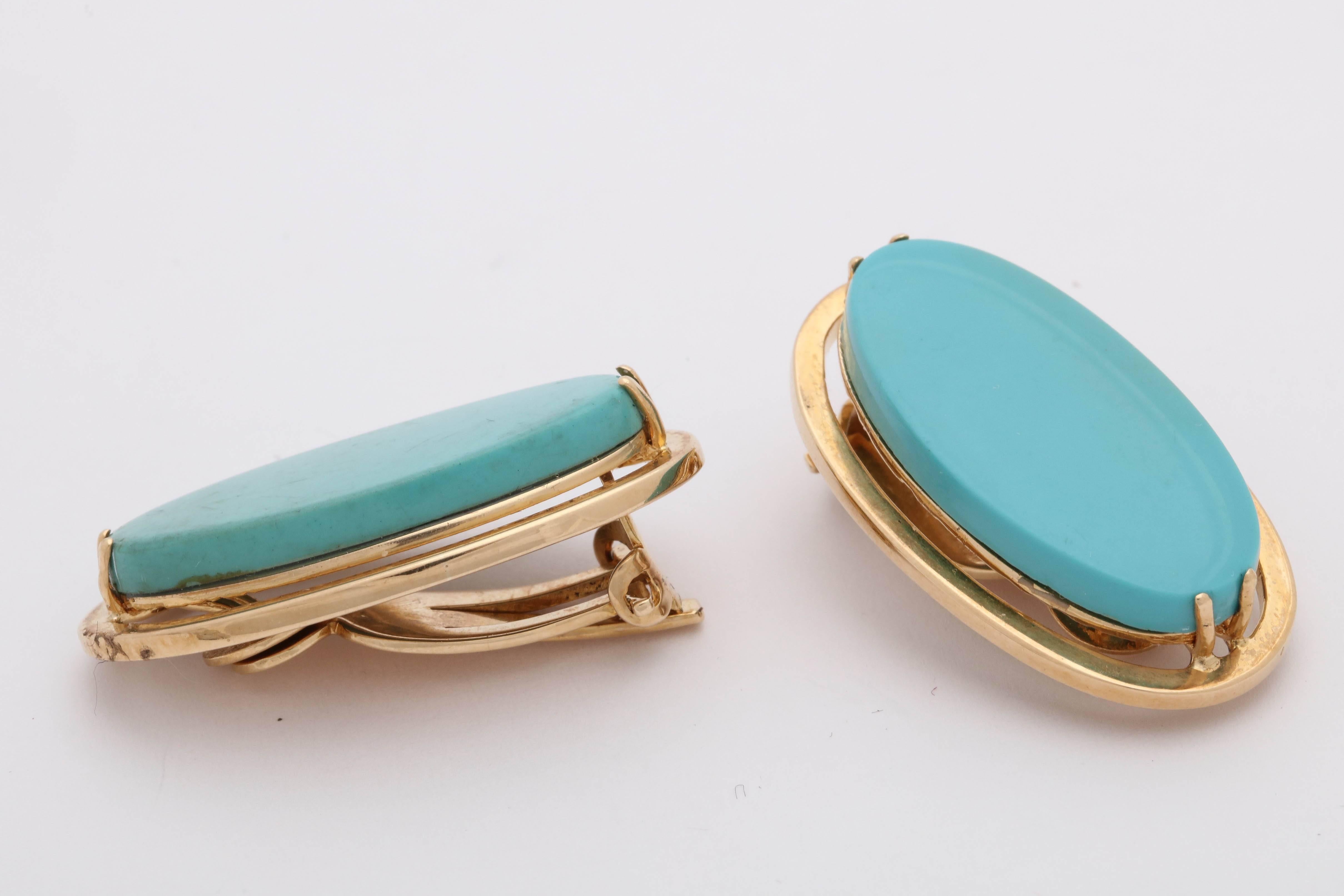 Women's 1960s Chic Large Sleeping Beauty Turquoise and Gold Oval Fancy Earclips