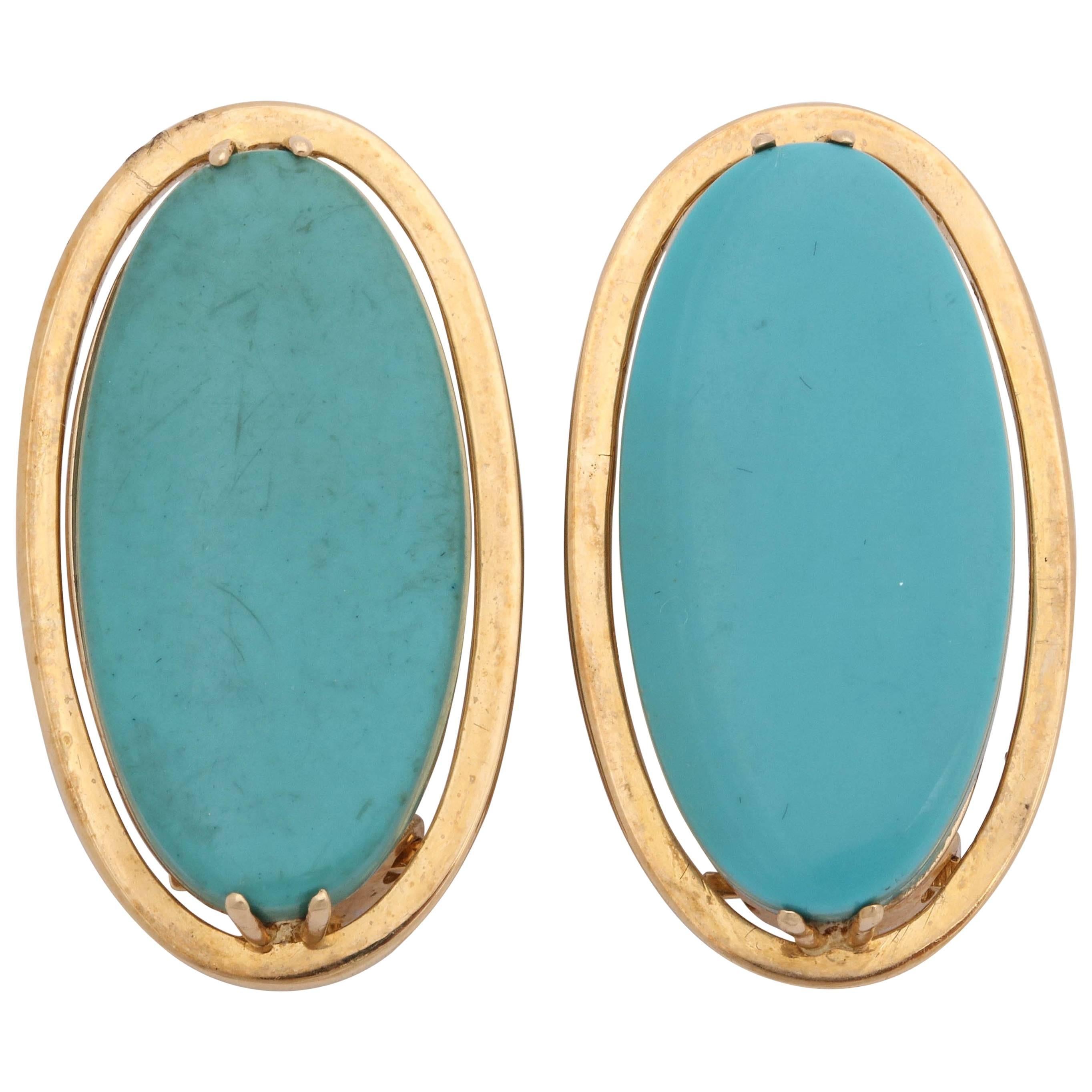 1960s Chic Large Sleeping Beauty Turquoise and Gold Oval Fancy Earclips