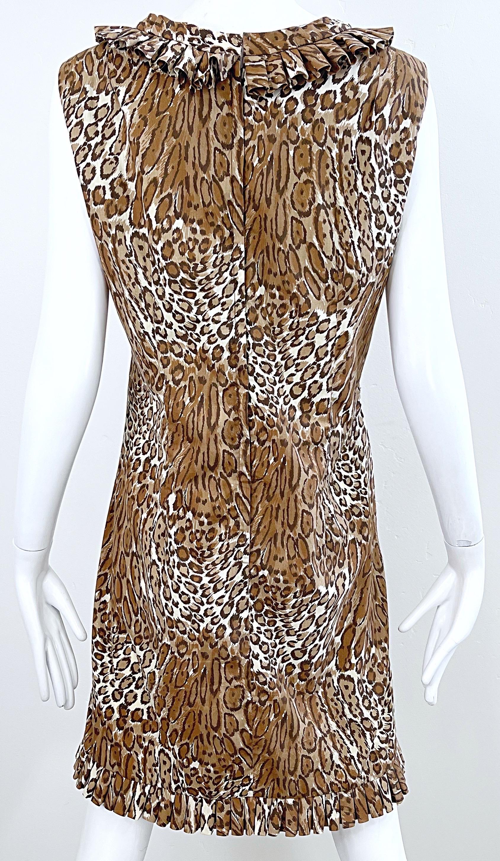 Brown 1960s Chic Leopard Cheetah Animal Abstract Print Cotton Vintage 60s Shift Dress