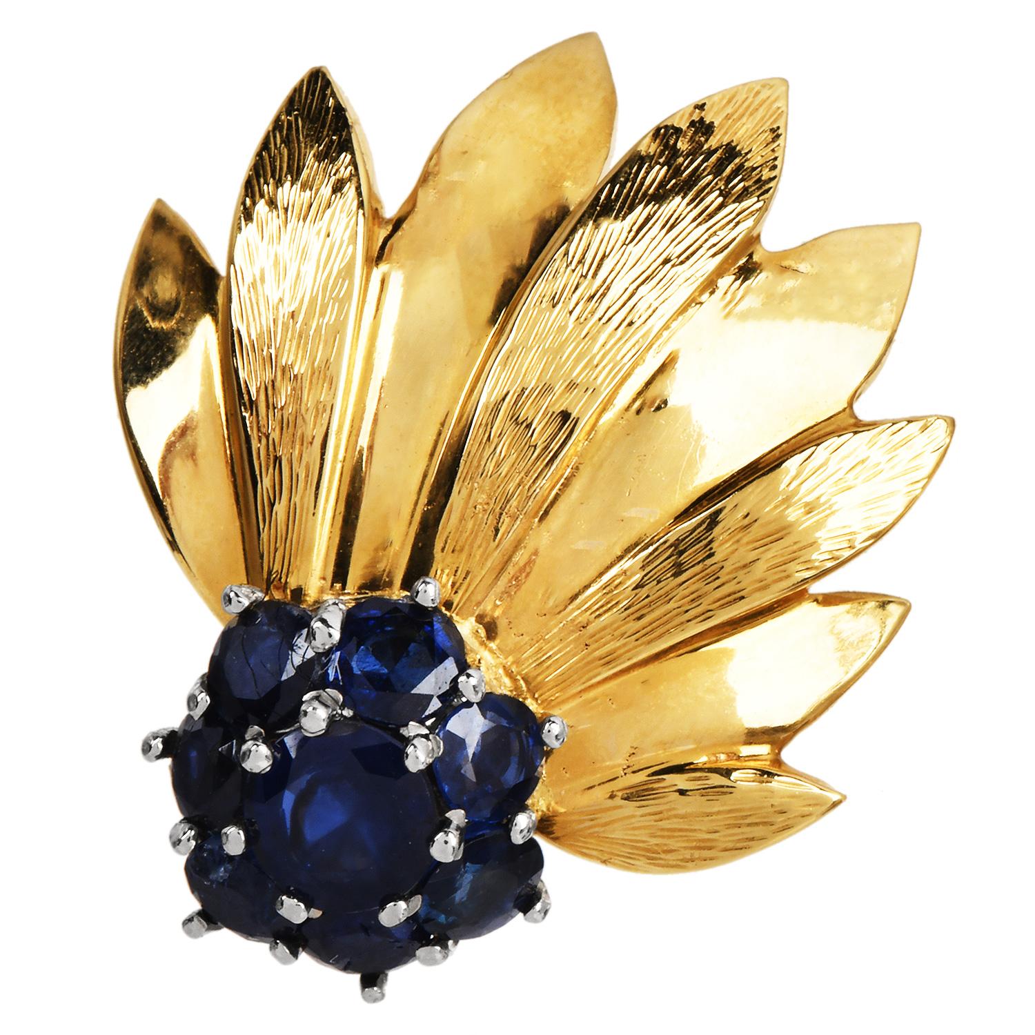 Vintage Chic Sapphire & 18K Yellow Gold Floral Leaf Clip-On Earrings
Late 1970s Retro  3.00 ctw Sapphires  Textured Design  15.00 Grams

Elegant and timeless, these vintage clip-on earrings from the late 1960s exude retro charm and fine