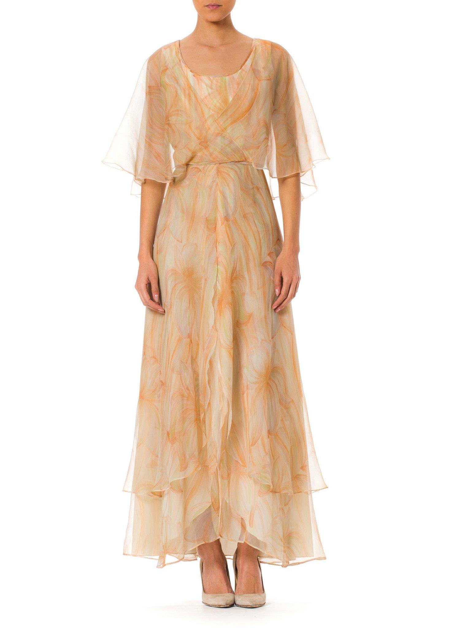 1970S MR BLACKWELL CUSTOM Polyester Chiffon Pastel Brushstroke Print Tiered Gown With Cape Sleeves