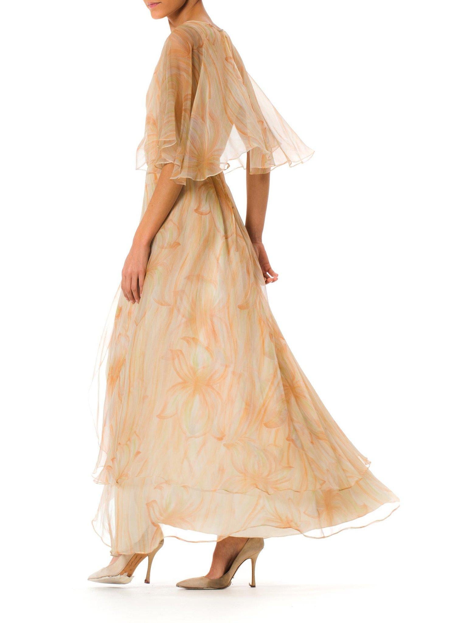 1970S MR BLACKWELL CUSTOM Polyester Chiffon Pastel Brushstroke Print Tiered Gow In Excellent Condition In New York, NY