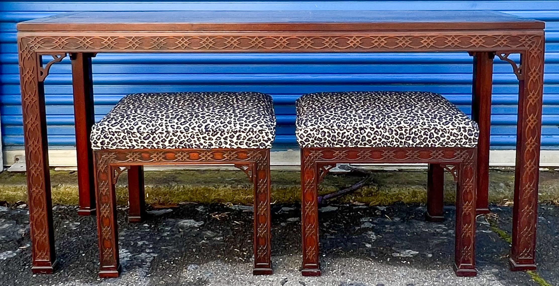 American 1960s Chinese Chippendale Style Console Table and Leopard Ottomans by Kindel