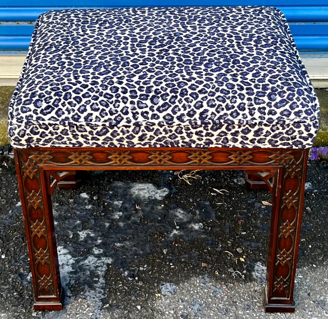 Mahogany 1960s Chinese Chippendale Style Console Table and Leopard Ottomans by Kindel