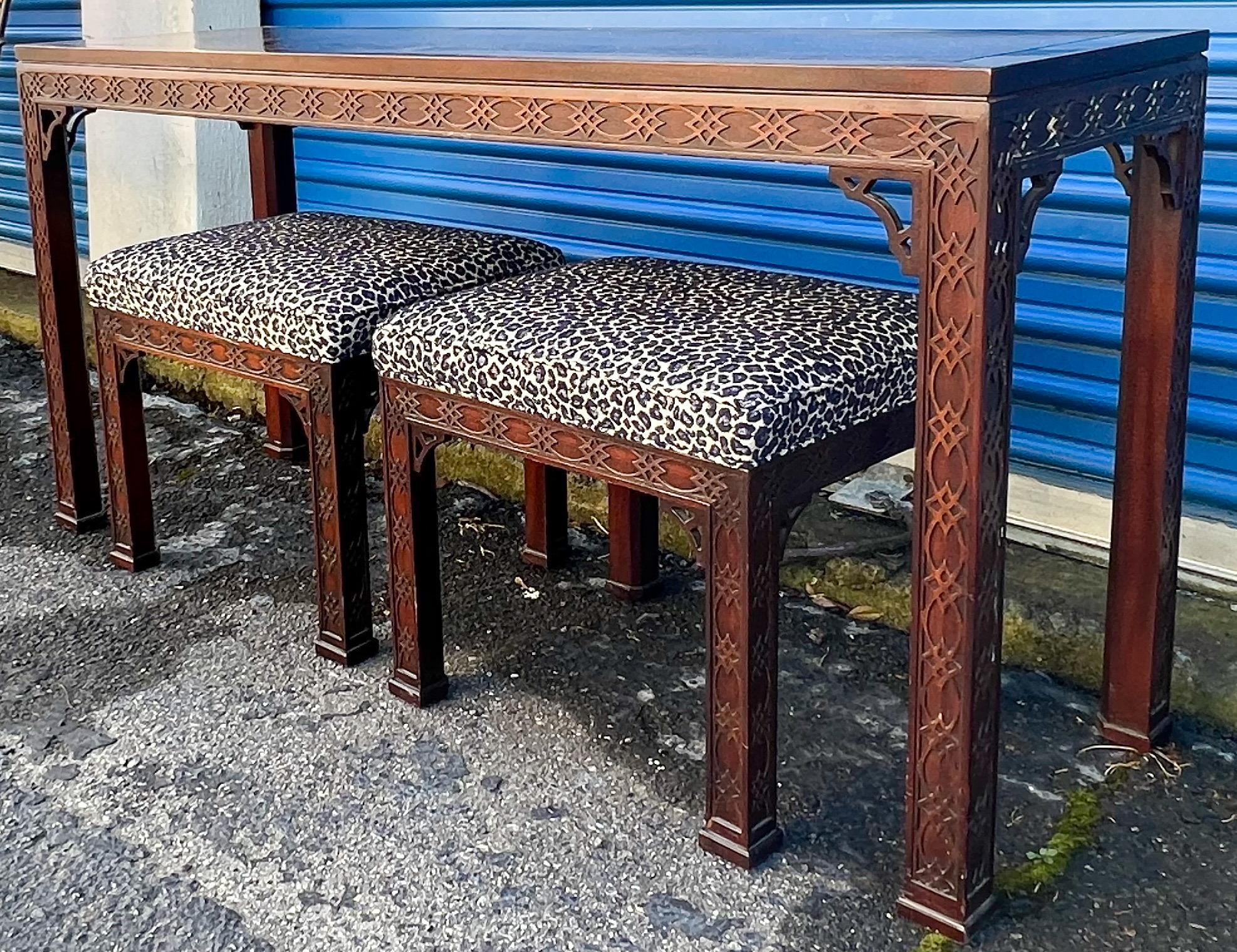 1960s Chinese Chippendale Style Console Table and Leopard Ottomans by Kindel 1