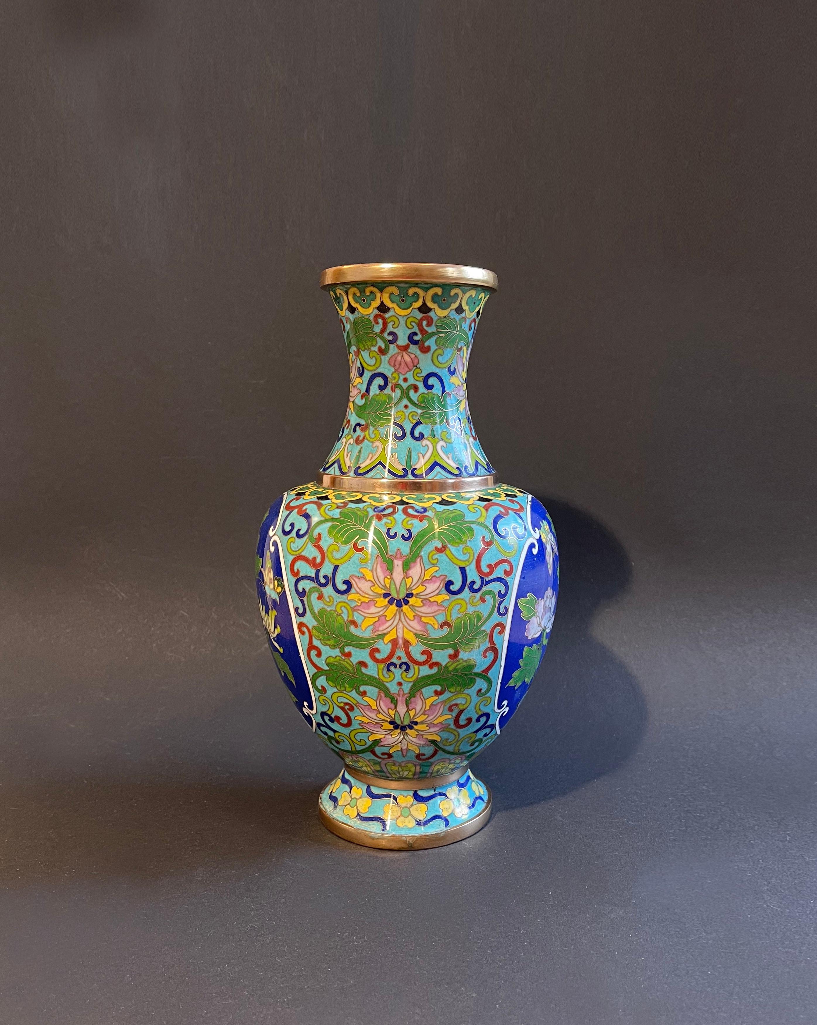 Chinese Export 1960s Chinese Cloisonné Vase Turquoise Enamel Inlay Chrysanthemum & Butterflies For Sale