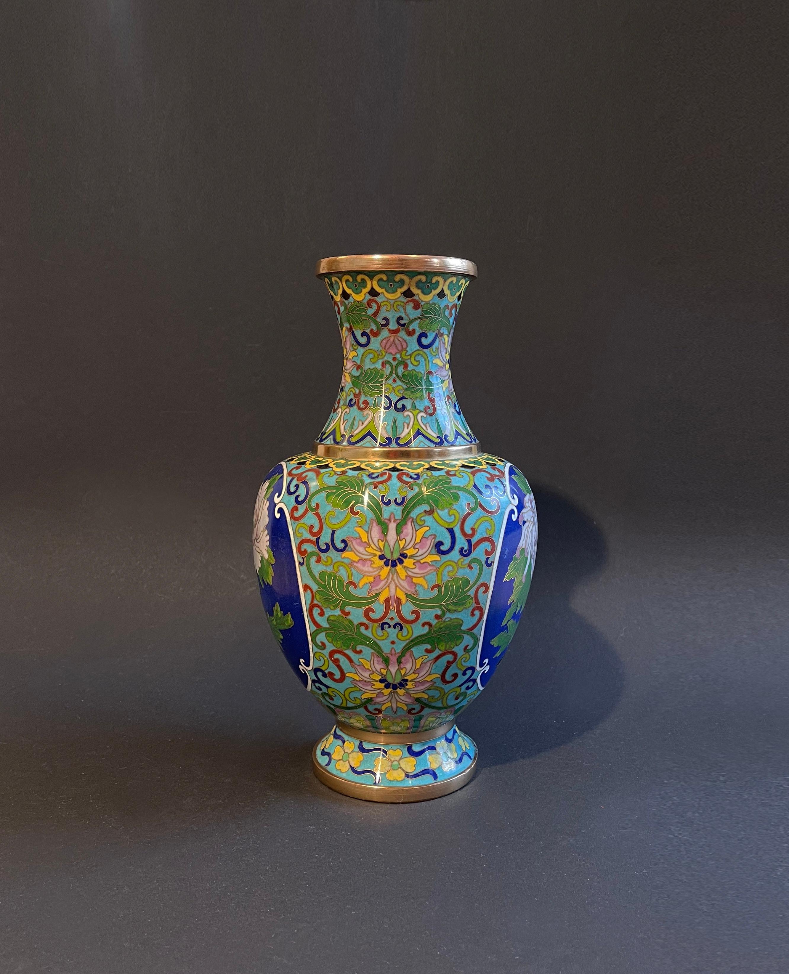 Hand-Crafted 1960s Chinese Cloisonné Vase Turquoise Enamel Inlay Chrysanthemum & Butterflies For Sale