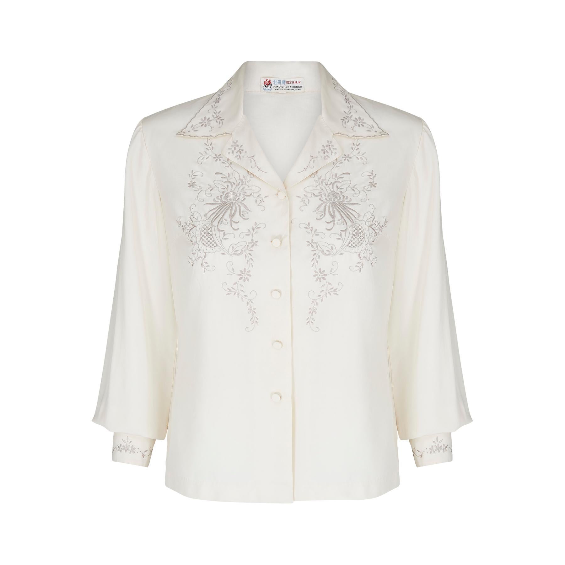 1960s Chinese Cream Silk Embroidered Blouse