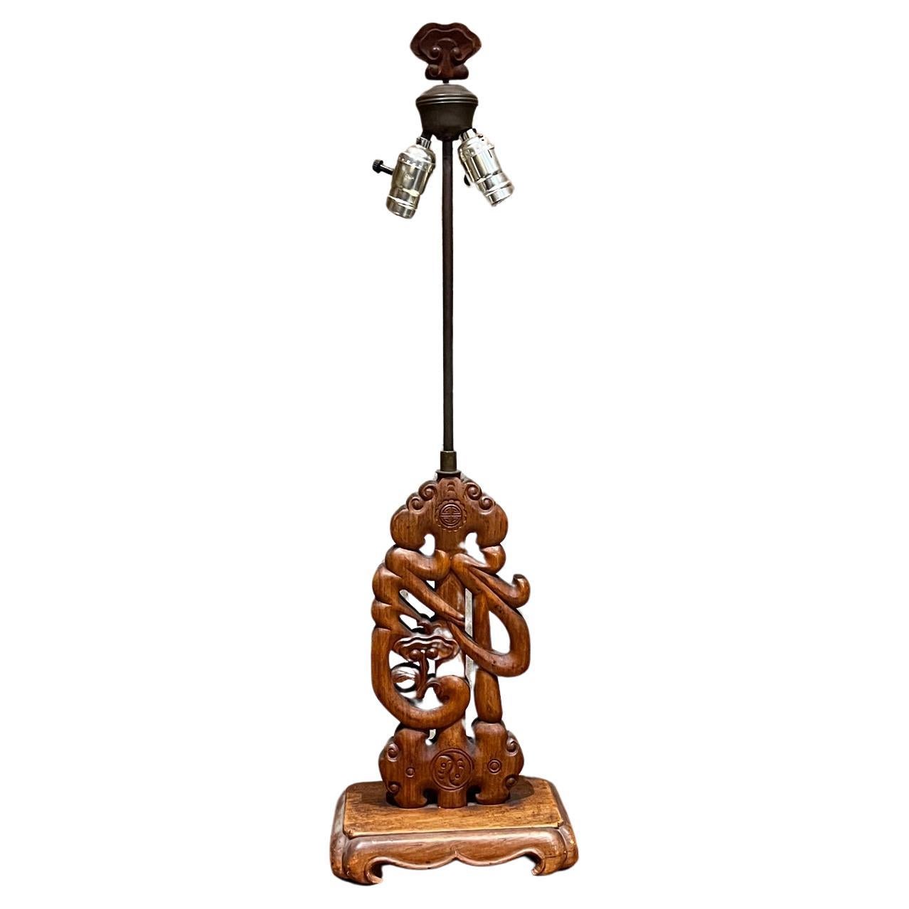 1960s Chinese Decorative Mahogany Hand Carved Wood Table Lamp For Sale