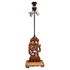 Retro 1960s Chinese Decorative Mahogany Hand Carved Wood Table Lamp