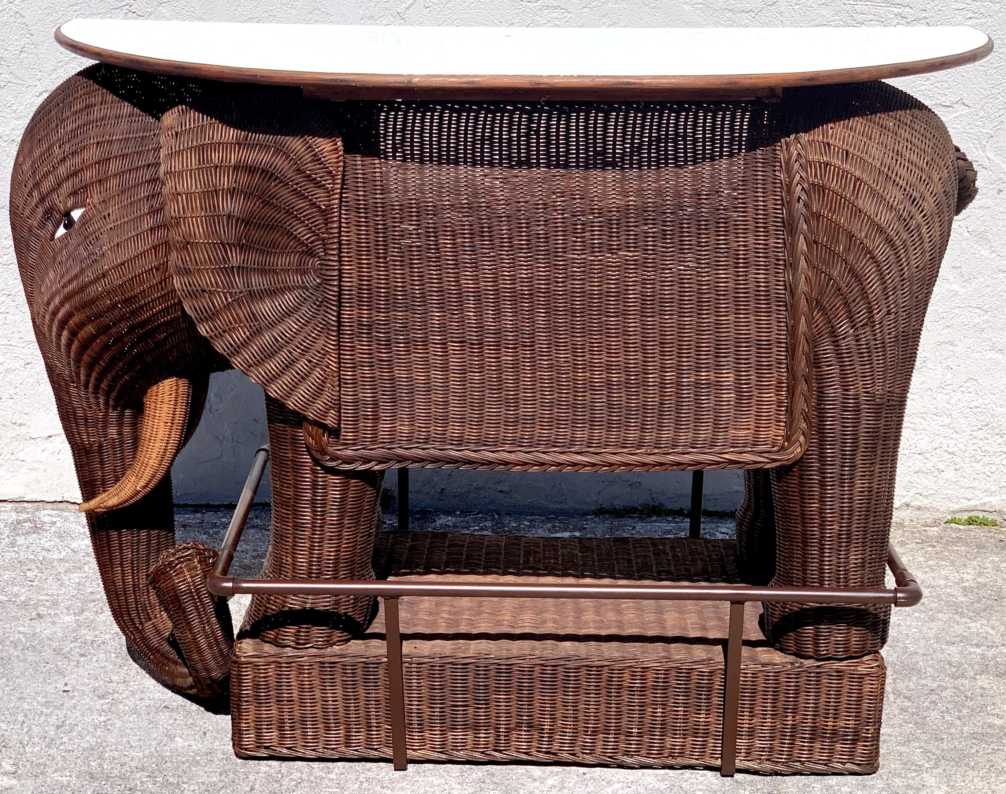 1960s Chinese export wicker elephant dry bar, a rare and wonderful, fully functional dry bar. Of typical form with a 54