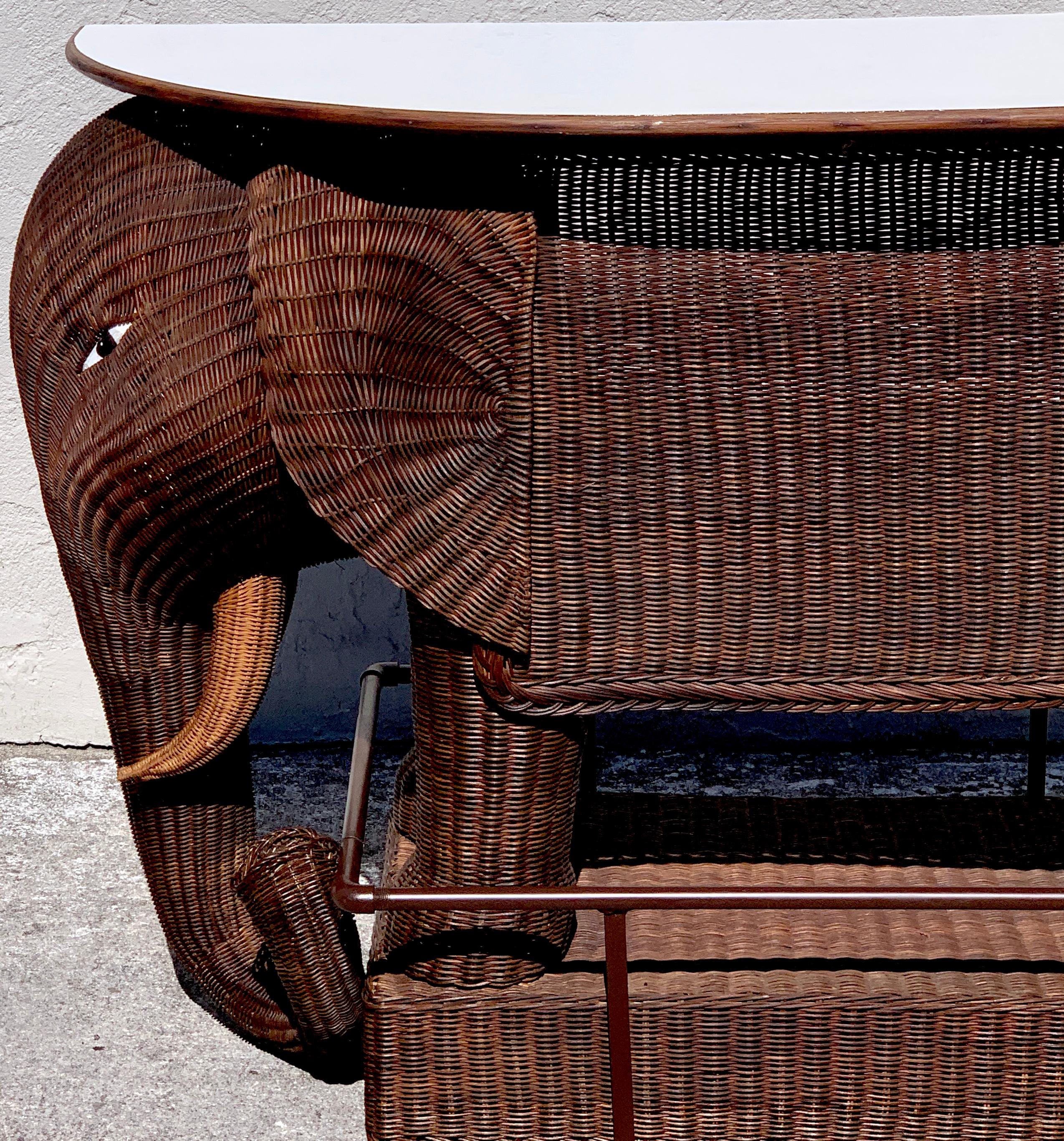 1960s Chinese Export Wicker Elephant Dry Bar In Good Condition In West Palm Beach, FL