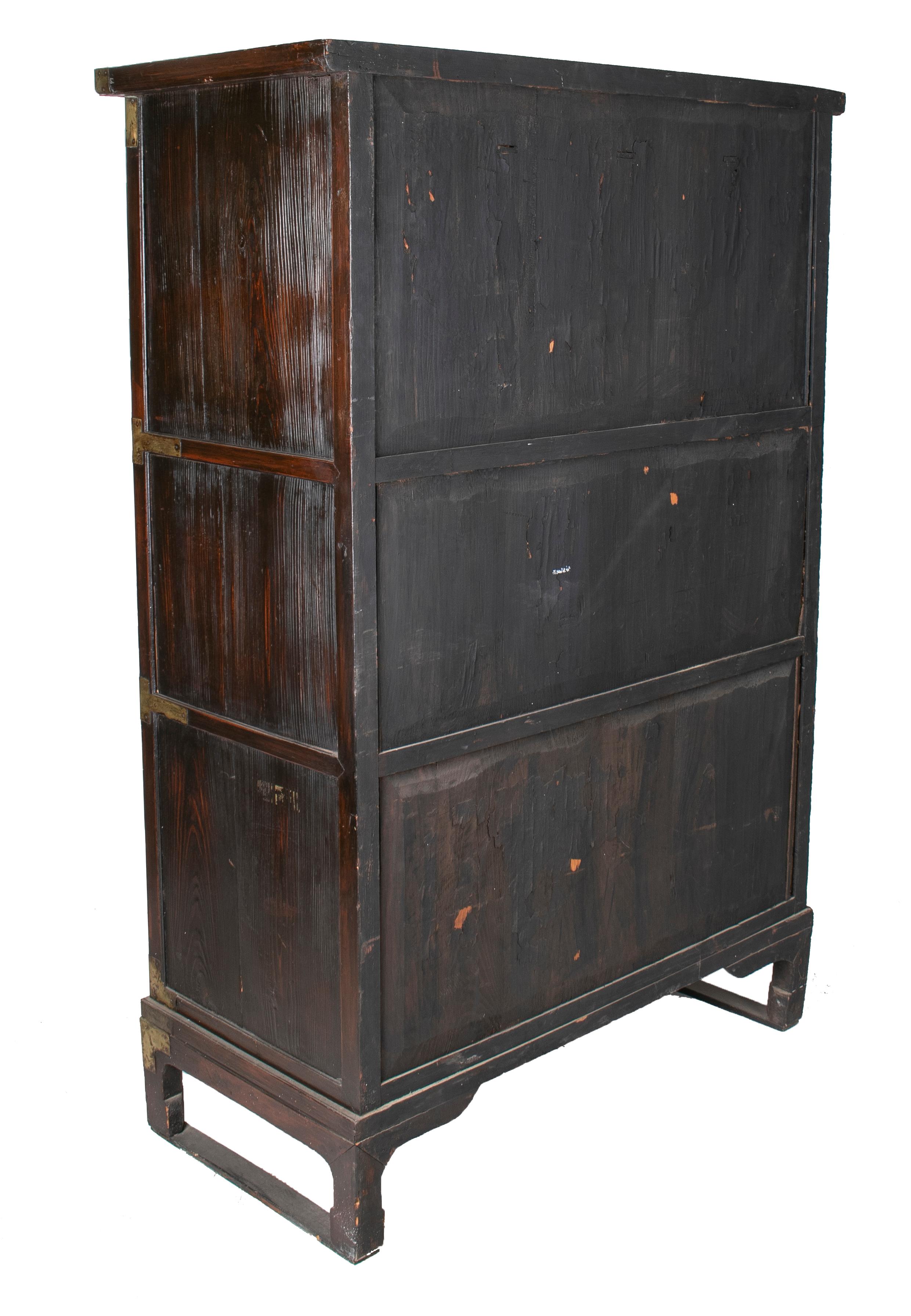 1960s Chinese Fruit-Wood 6-Door Cabinet with Bronze Hardware For Sale 2