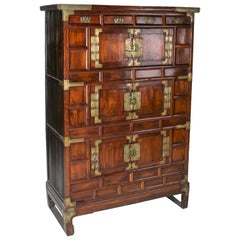 Vintage 1960s Chinese Fruit-Wood 6-Door Cabinet with Bronze Hardware