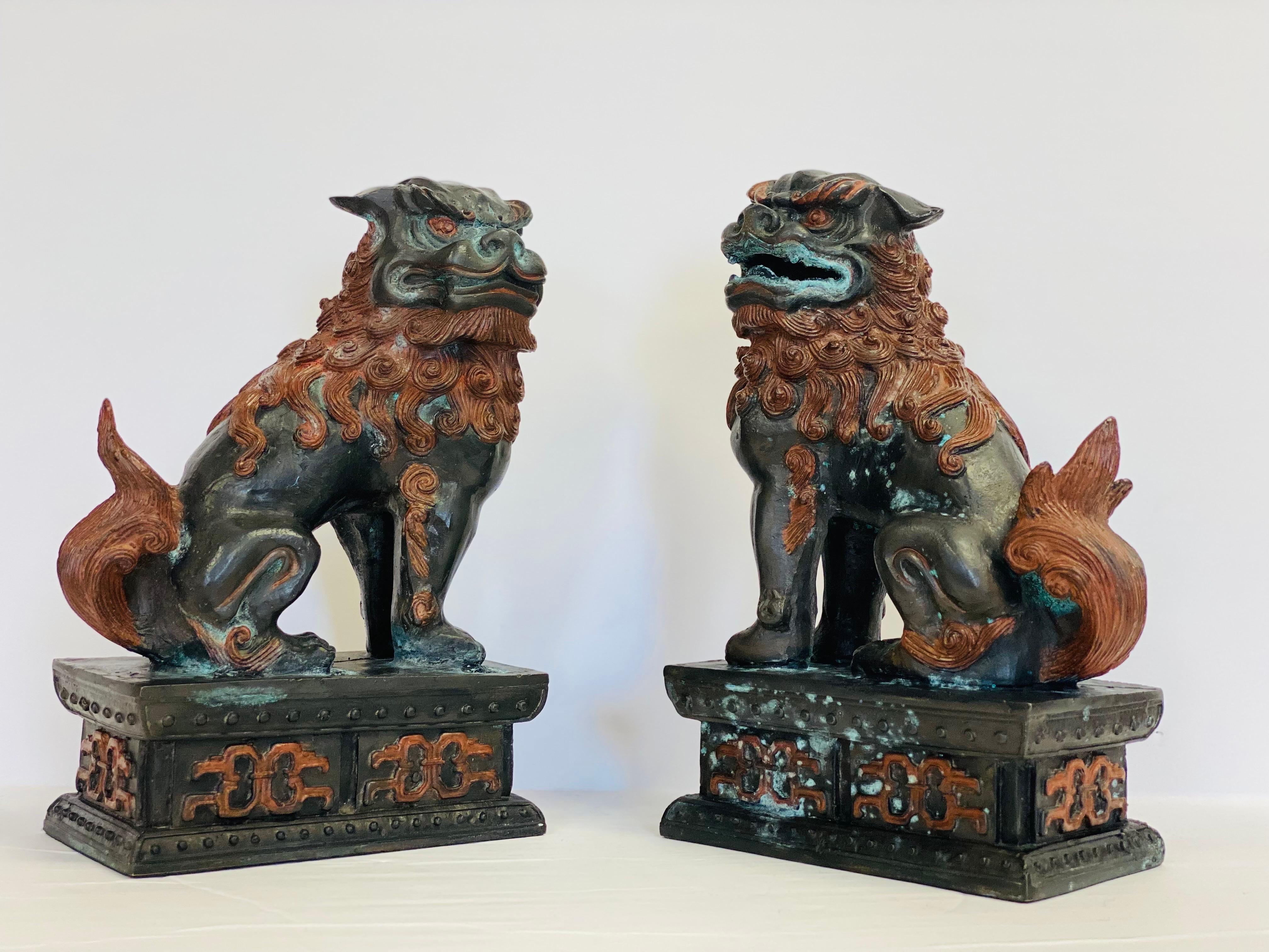 Chinese Chippendale 1960s Chinese Metal Cooper Foo Dog Bookends, a Pair