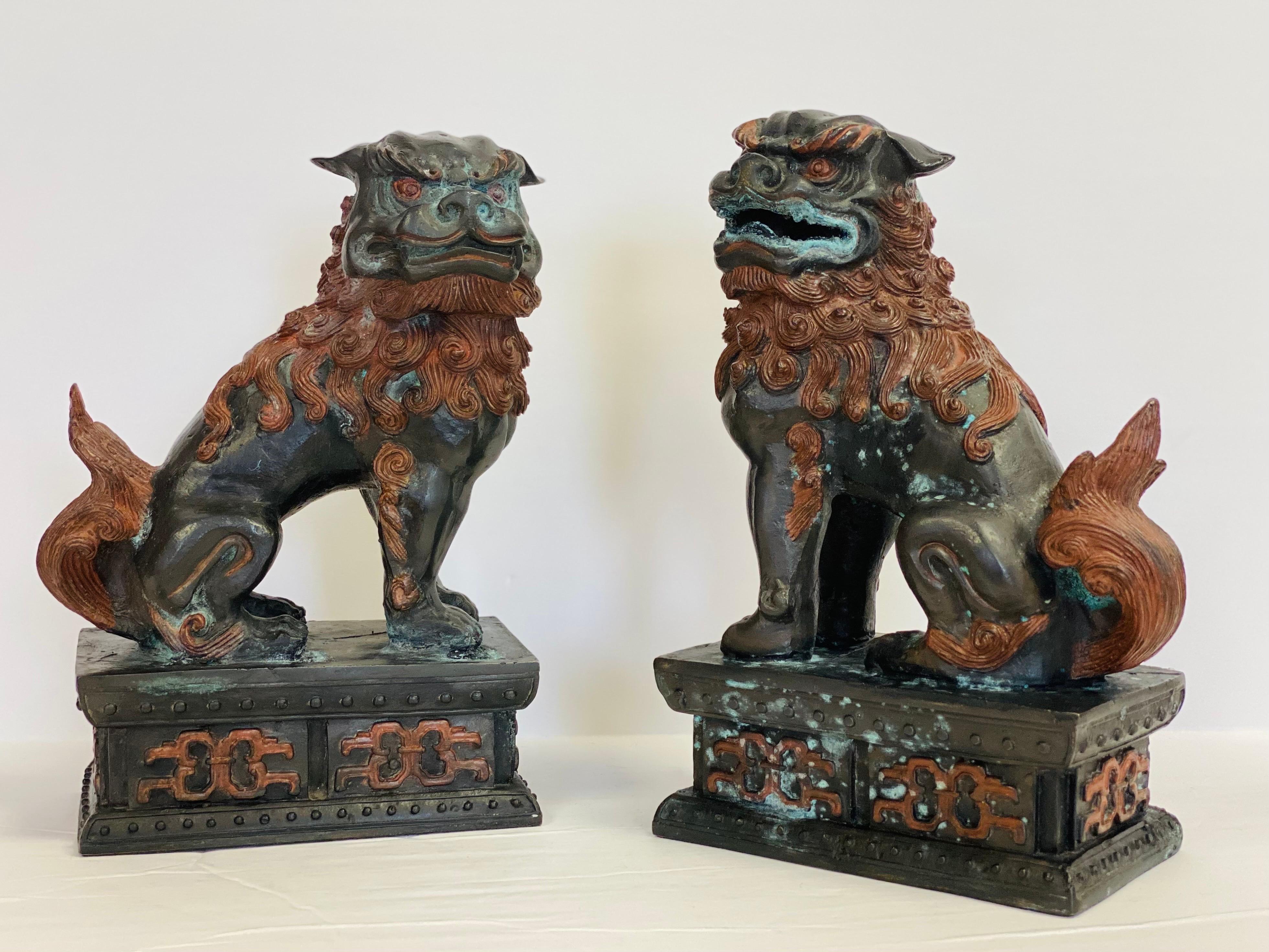 1960s Chinese Metal Cooper Foo Dog Bookends, a Pair In Good Condition In Farmington Hills, MI