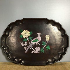 34cm 1960er Jahre Chinesischer Wood Teller mit Muschelvögeln und Blumen