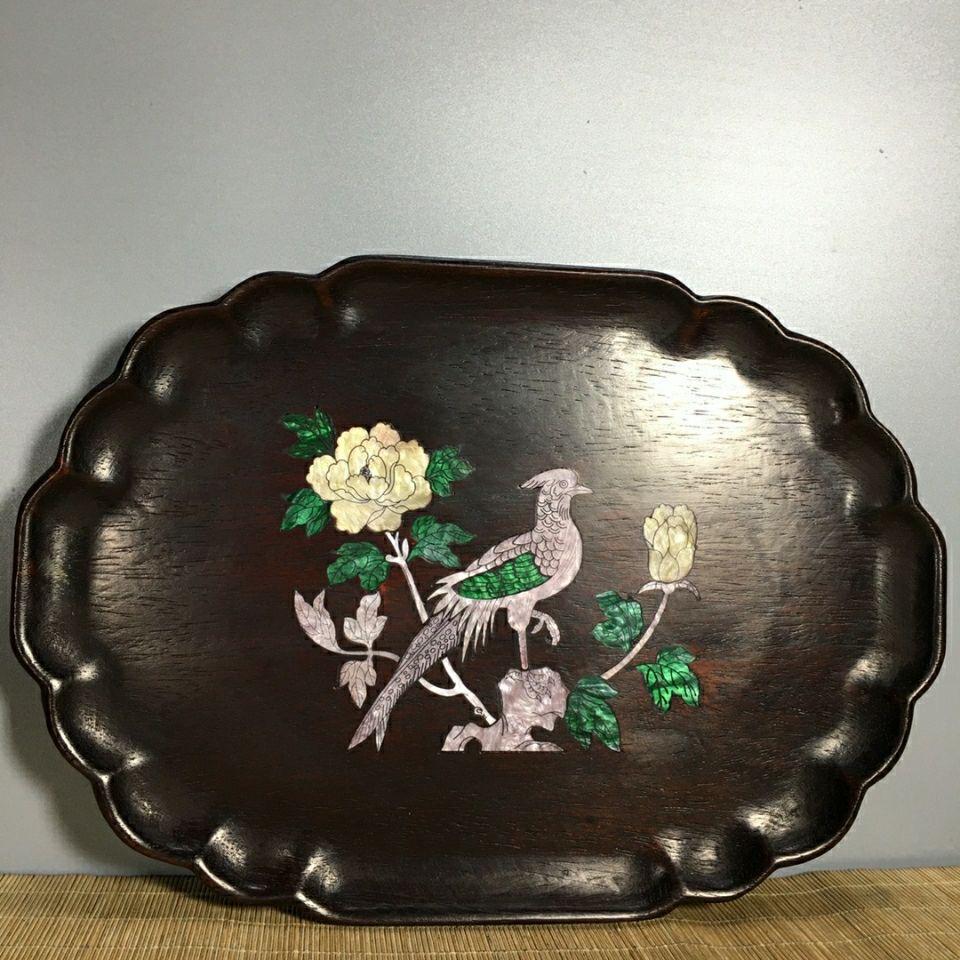 Mid-20th Century 34cm 1960s Chinese Wood Plate with Shell Birds and Flowers For Sale