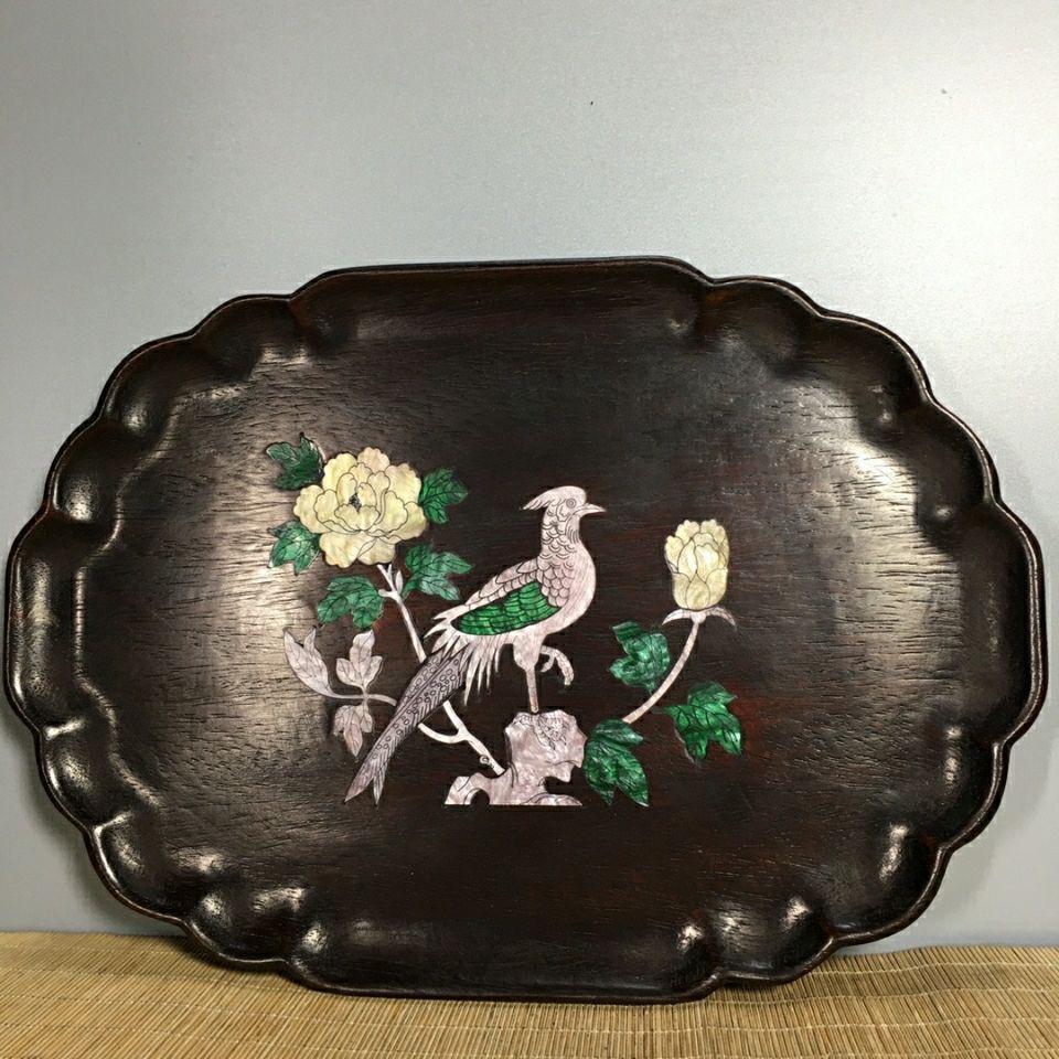 34cm 1960s Chinese Wood Plate with Shell Birds and Flowers For Sale 1