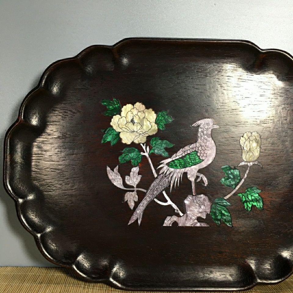 34cm 1960s Chinese Wood Plate with Shell Birds and Flowers For Sale 2