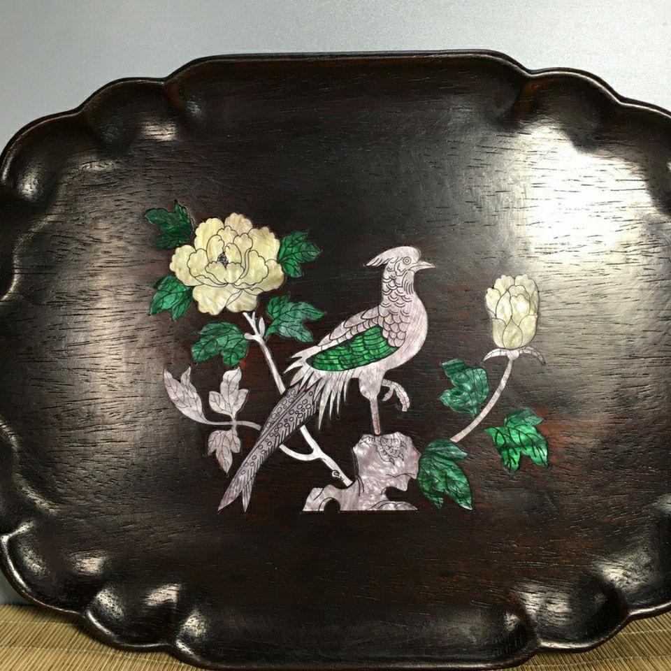 34cm 1960s Chinese Wood Plate with Shell Birds and Flowers For Sale 4