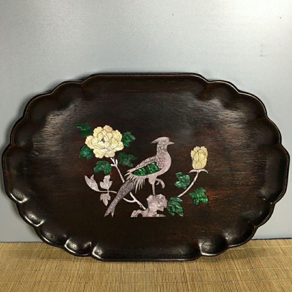 34cm 1960s Chinese Wood Plate with Shell Birds and Flowers For Sale 5