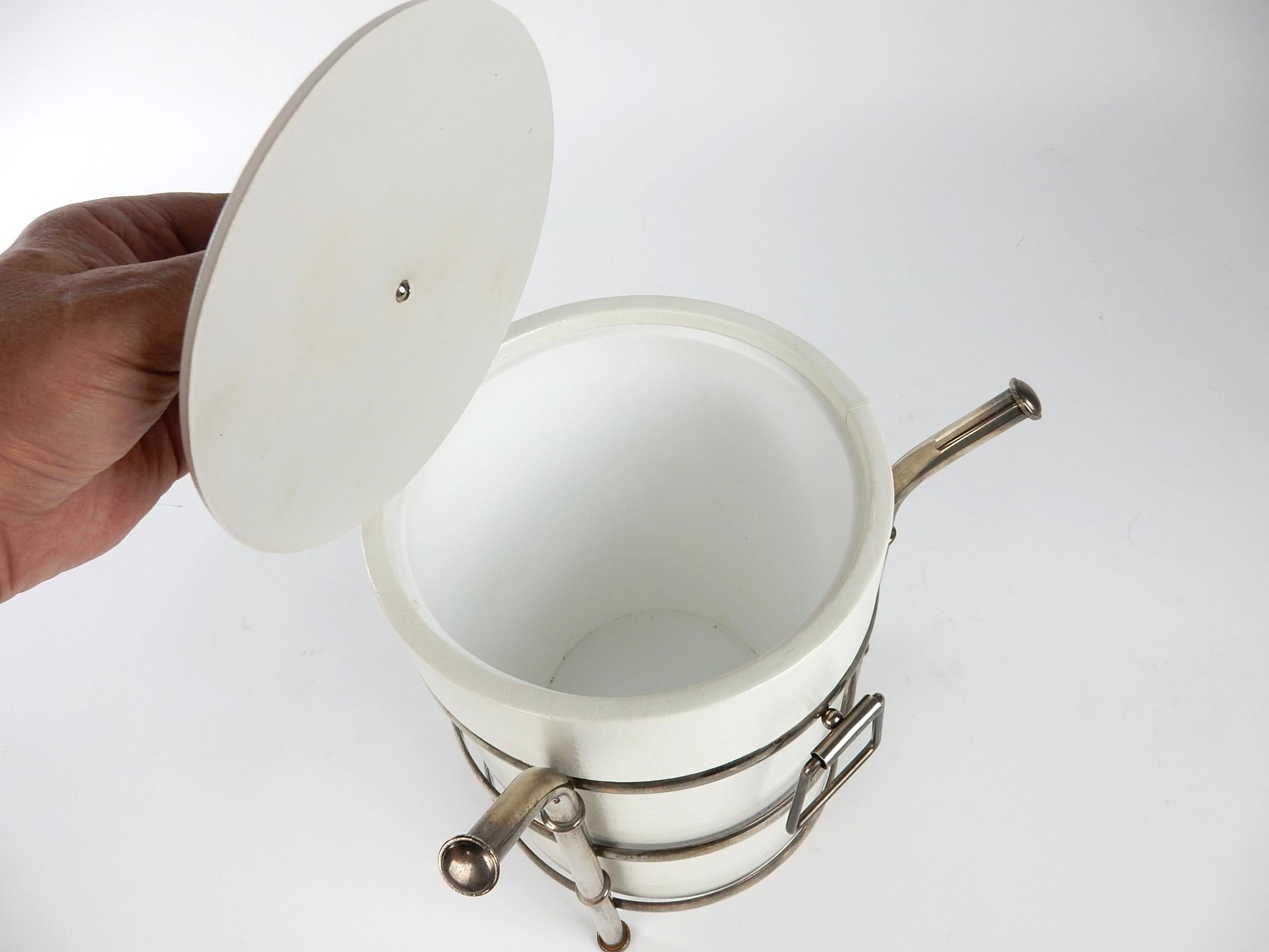 20th Century 1960's Barware, Silver Plate Faux Bamboo and White Ice Bucket For Sale