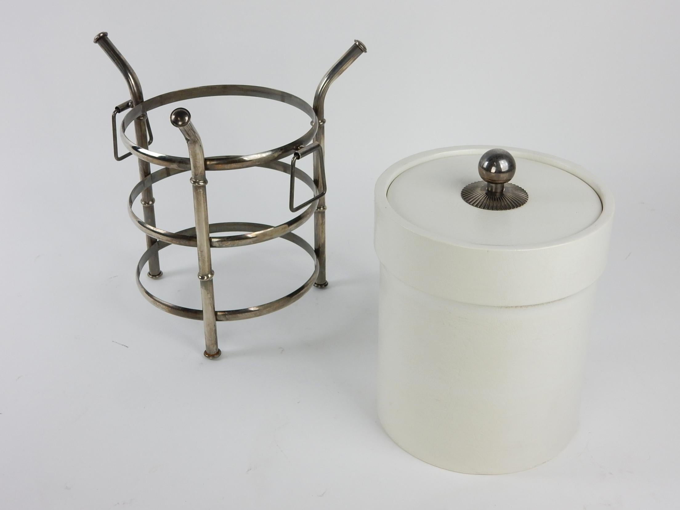 Metal 1960's Barware, Silver Plate Faux Bamboo and White Ice Bucket For Sale
