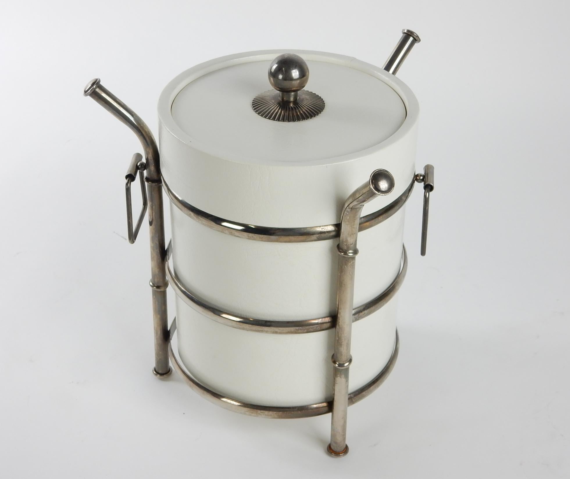 1960's Barware, Silver Plate Faux Bamboo and White Ice Bucket For Sale 1