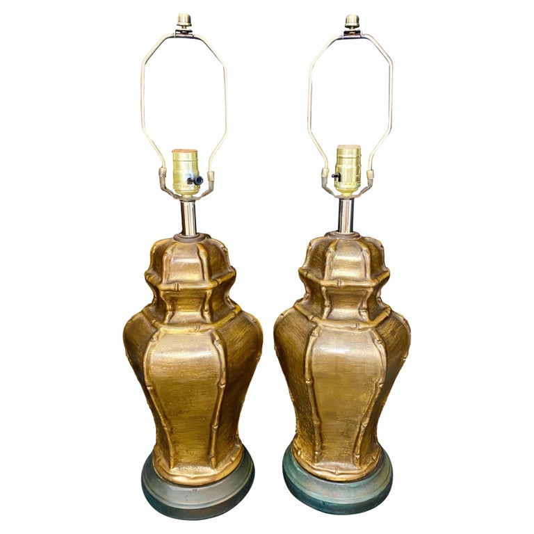 Vintage Chinoiserie Gold Ginger Jar Lamps, a Pair For Sale at 1stDibs