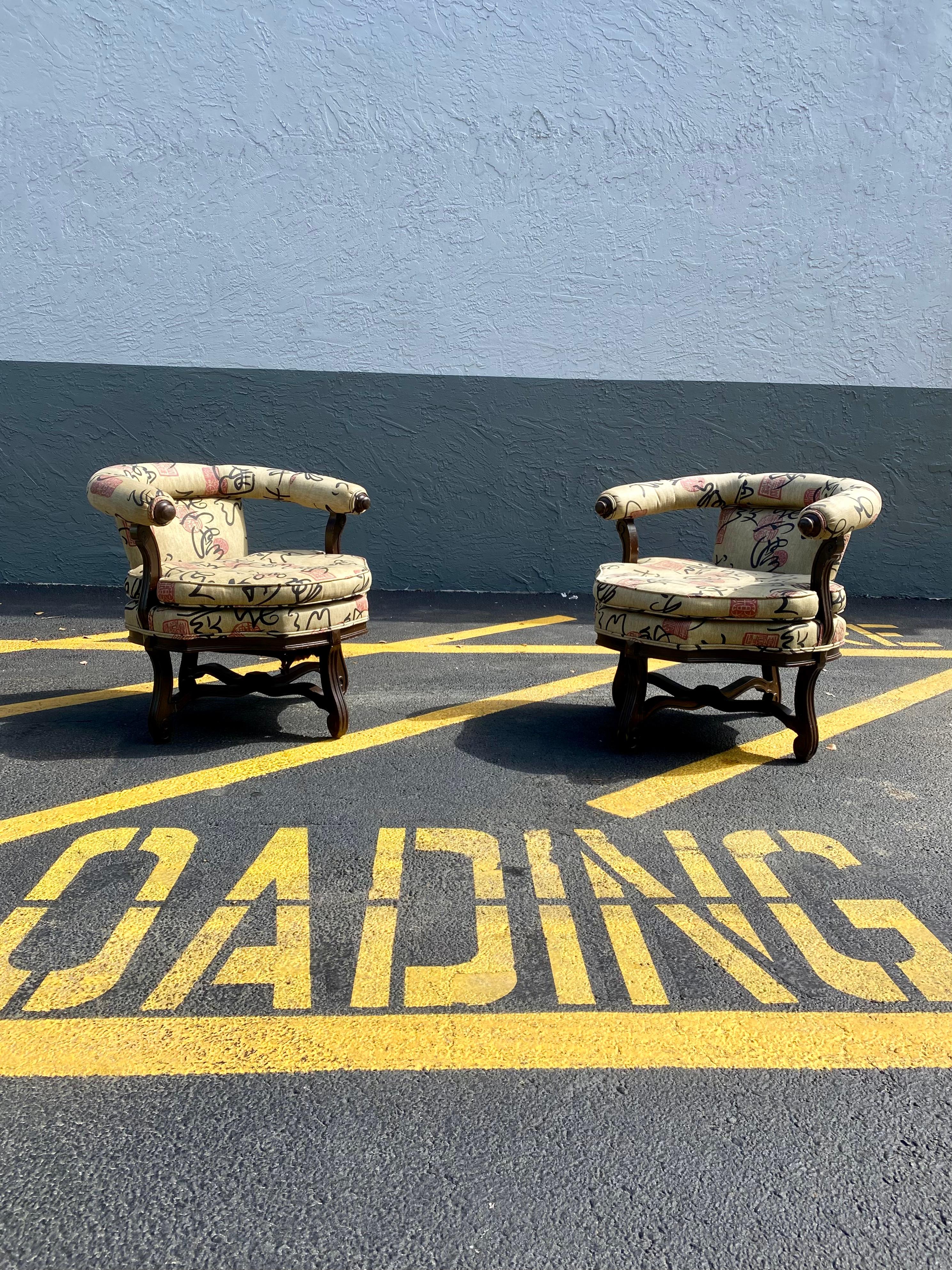 Mid-Century Modern 1960s Chinoiserie Barrel Tub Chairs, Set of 2 For Sale
