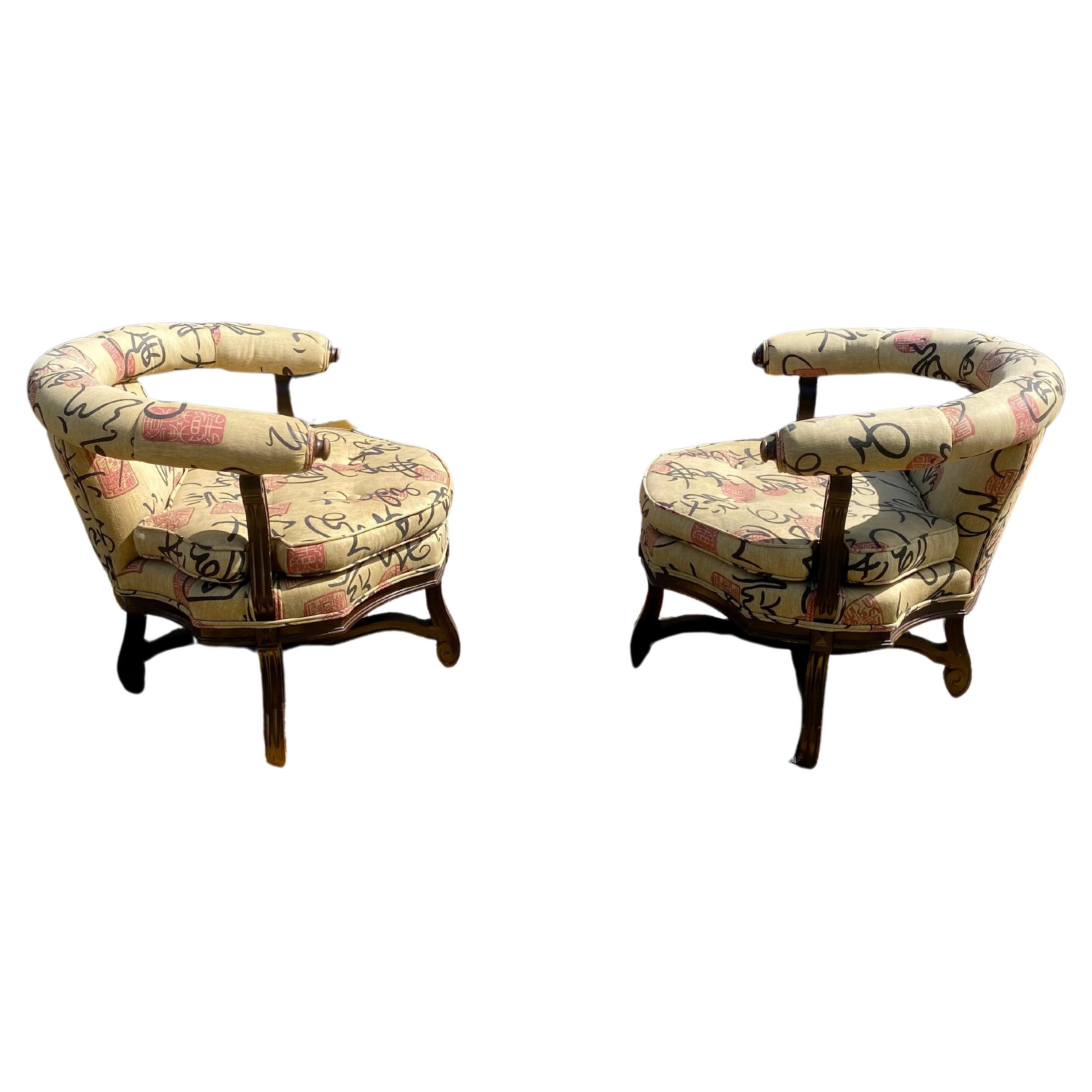 1960s Chinoiserie Barrel Tub Chairs, Set of 2