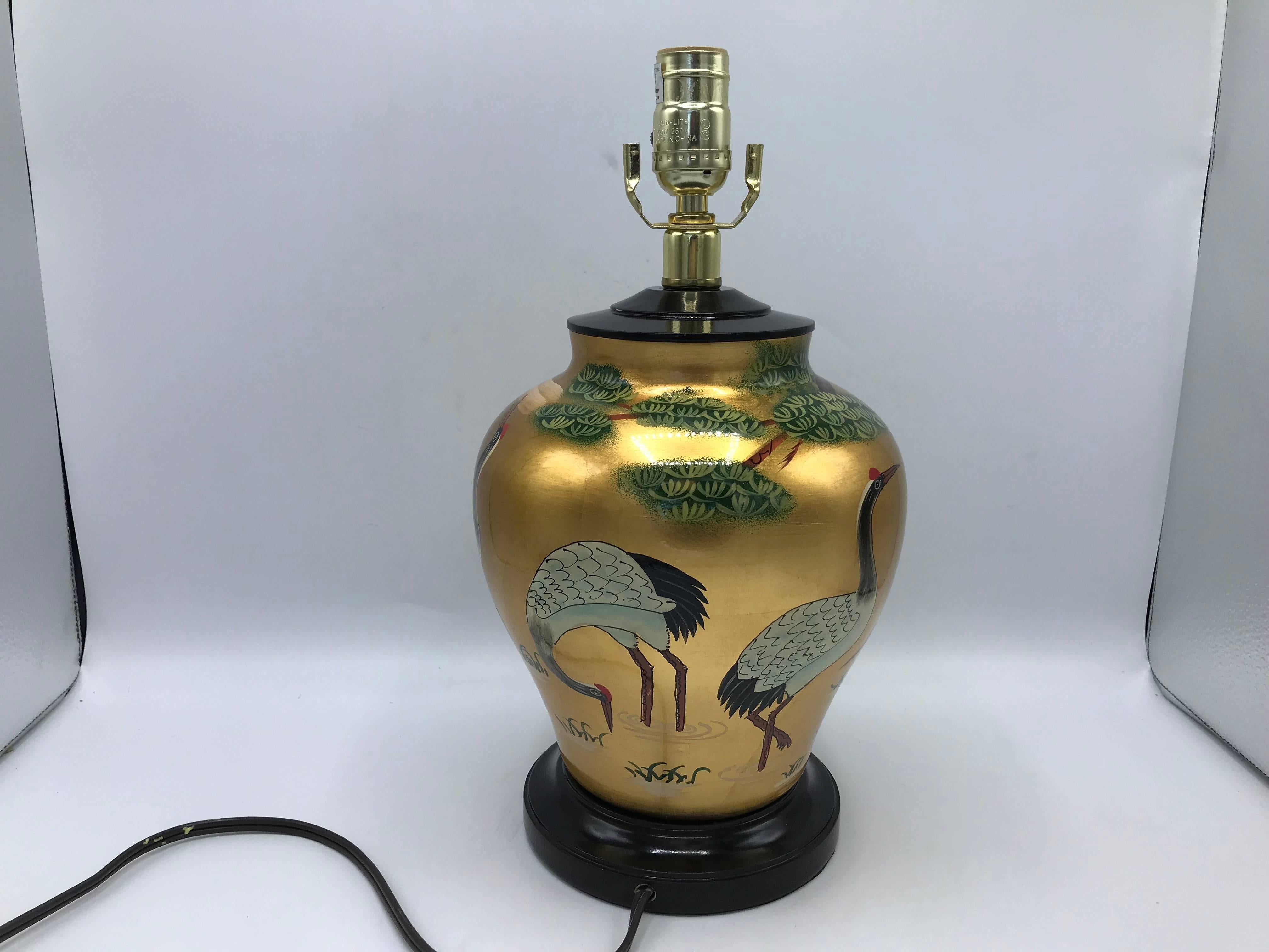 1960s Chinoiserie Black and Gold Lacquer Lamp with Crane Motif In Good Condition In Richmond, VA