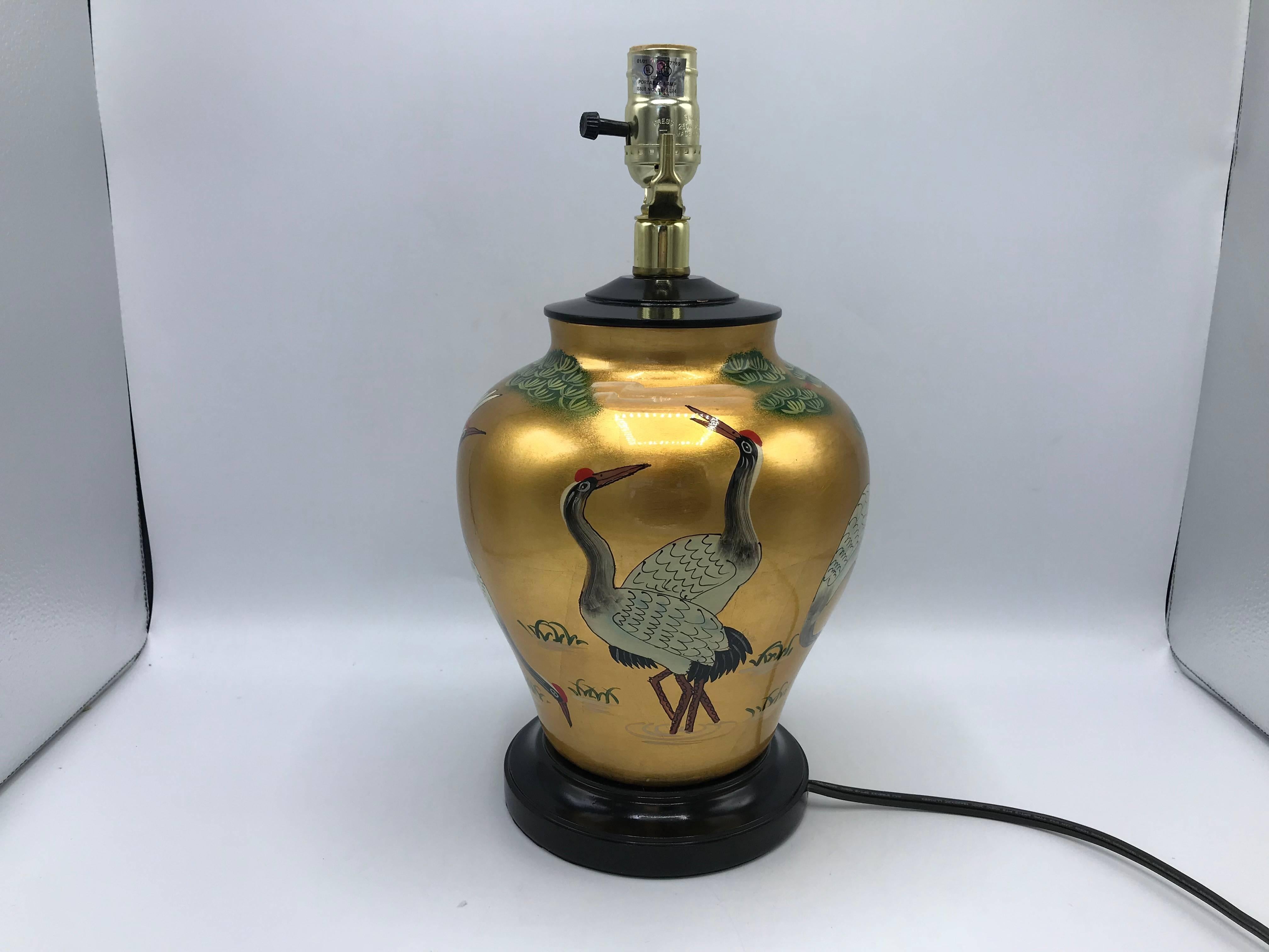 20th Century 1960s Chinoiserie Black and Gold Lacquer Lamp with Crane Motif