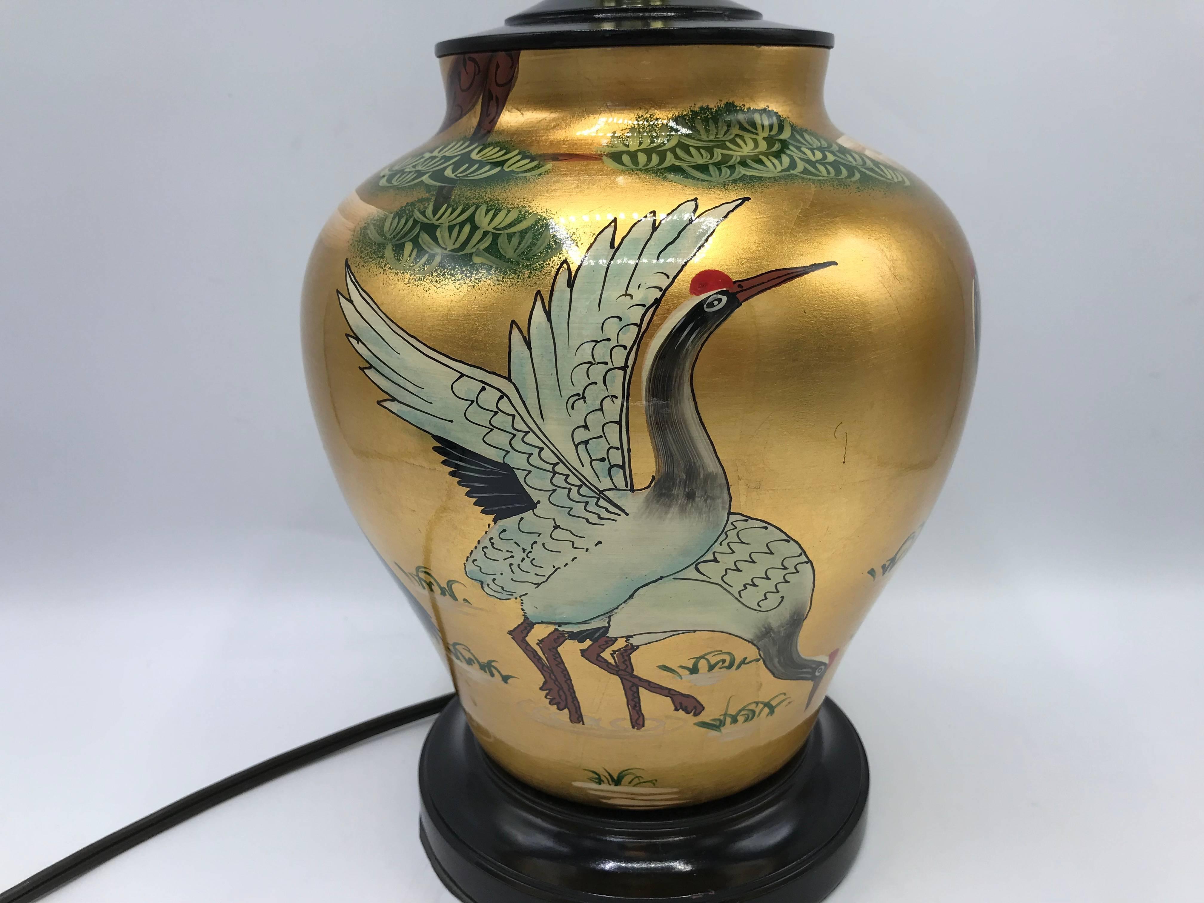 1960s Chinoiserie Black and Gold Lacquer Lamp with Crane Motif 2