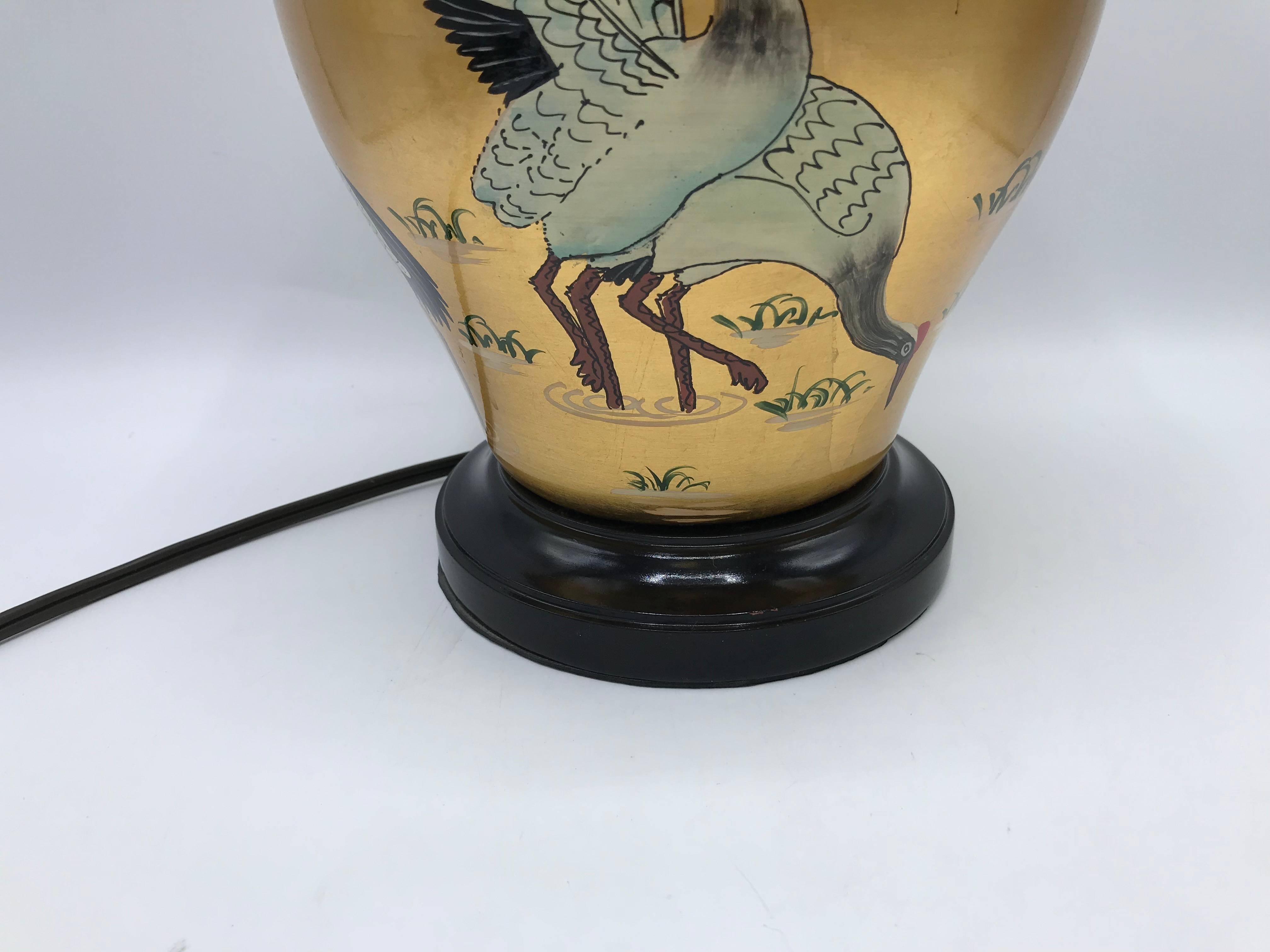 1960s Chinoiserie Black and Gold Lacquer Lamp with Crane Motif 3