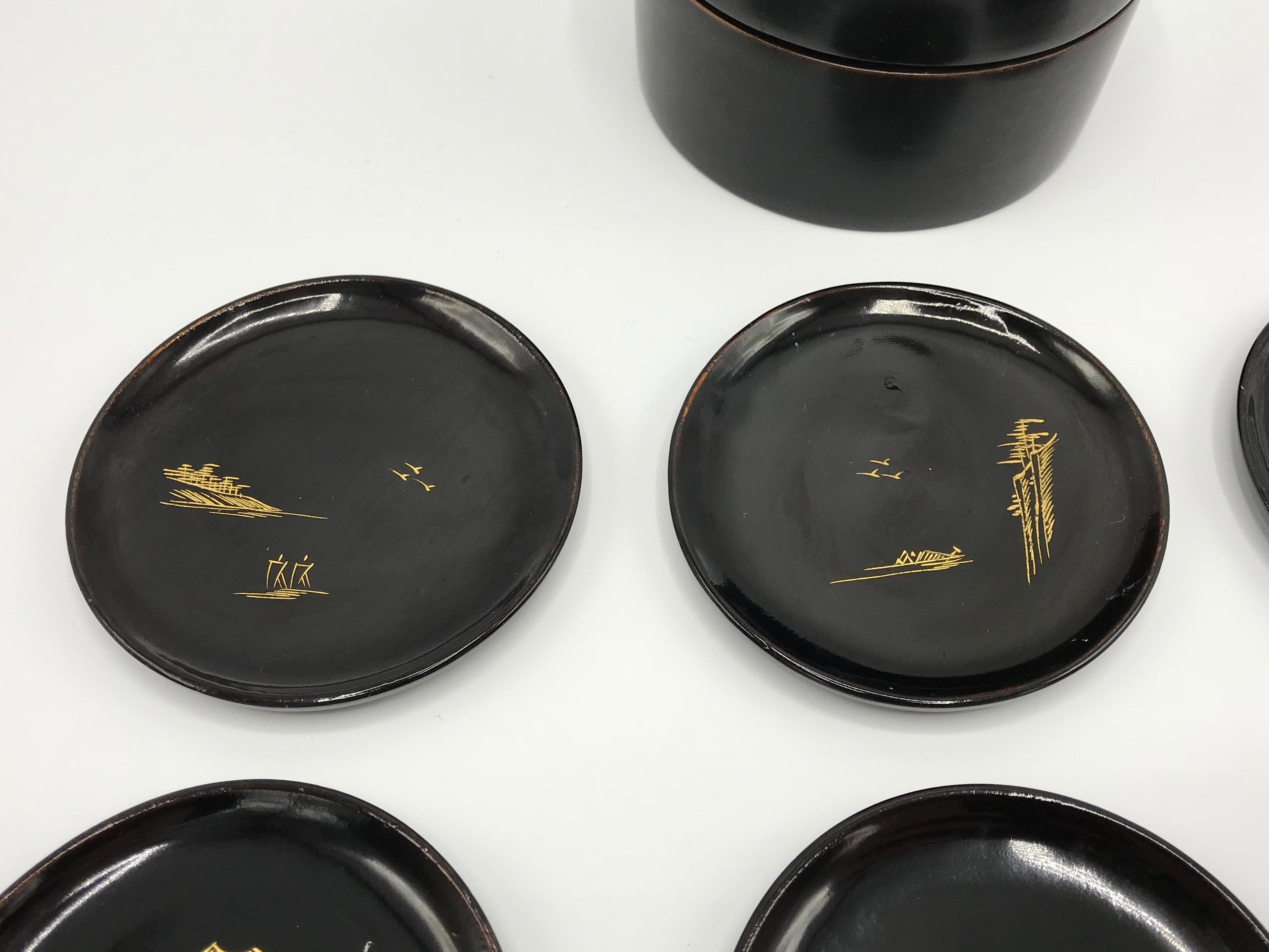 1960s Chinoiserie Black and Gold Lacquered Coasters with Box, Set of 6 In Excellent Condition In Richmond, VA