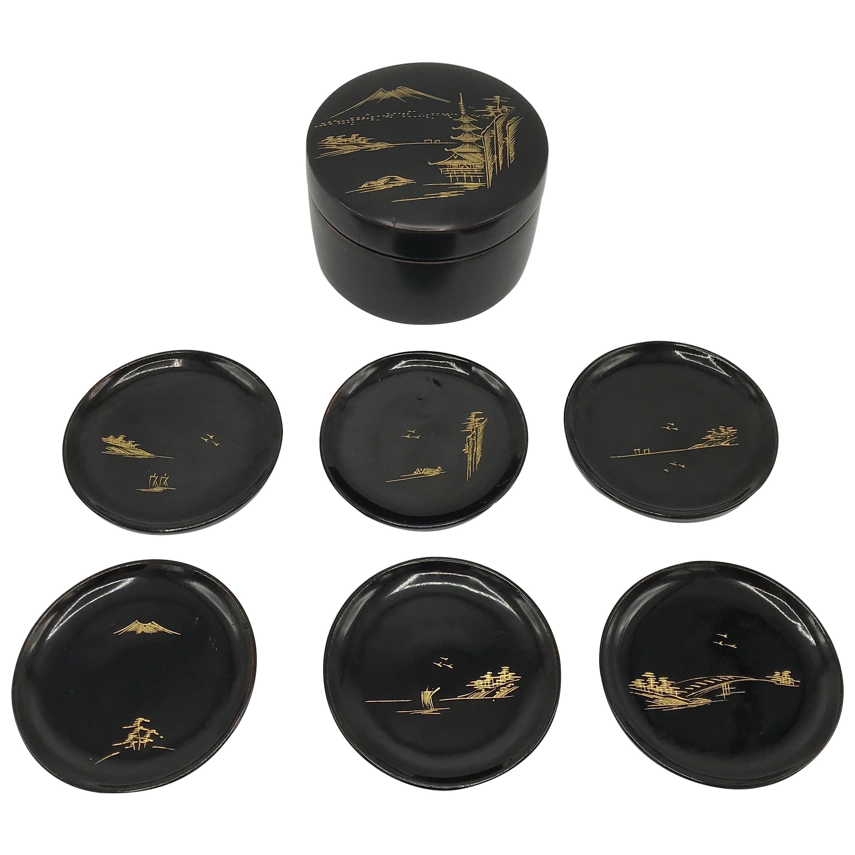 1960s Chinoiserie Black and Gold Lacquered Coasters with Box, Set of 6