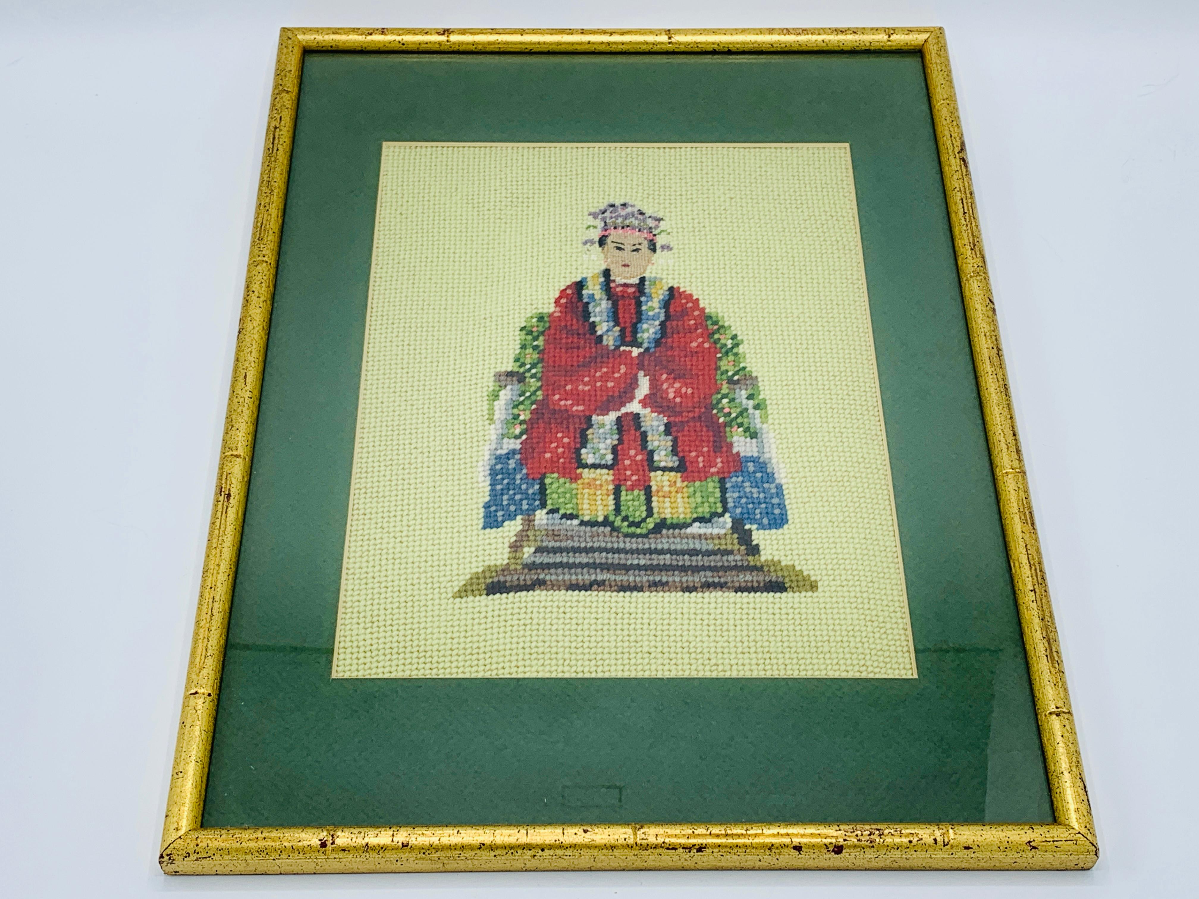 1960s Chinoiserie Emperor and Empress Framed Needlepoint Textile Art, Pair For Sale 5