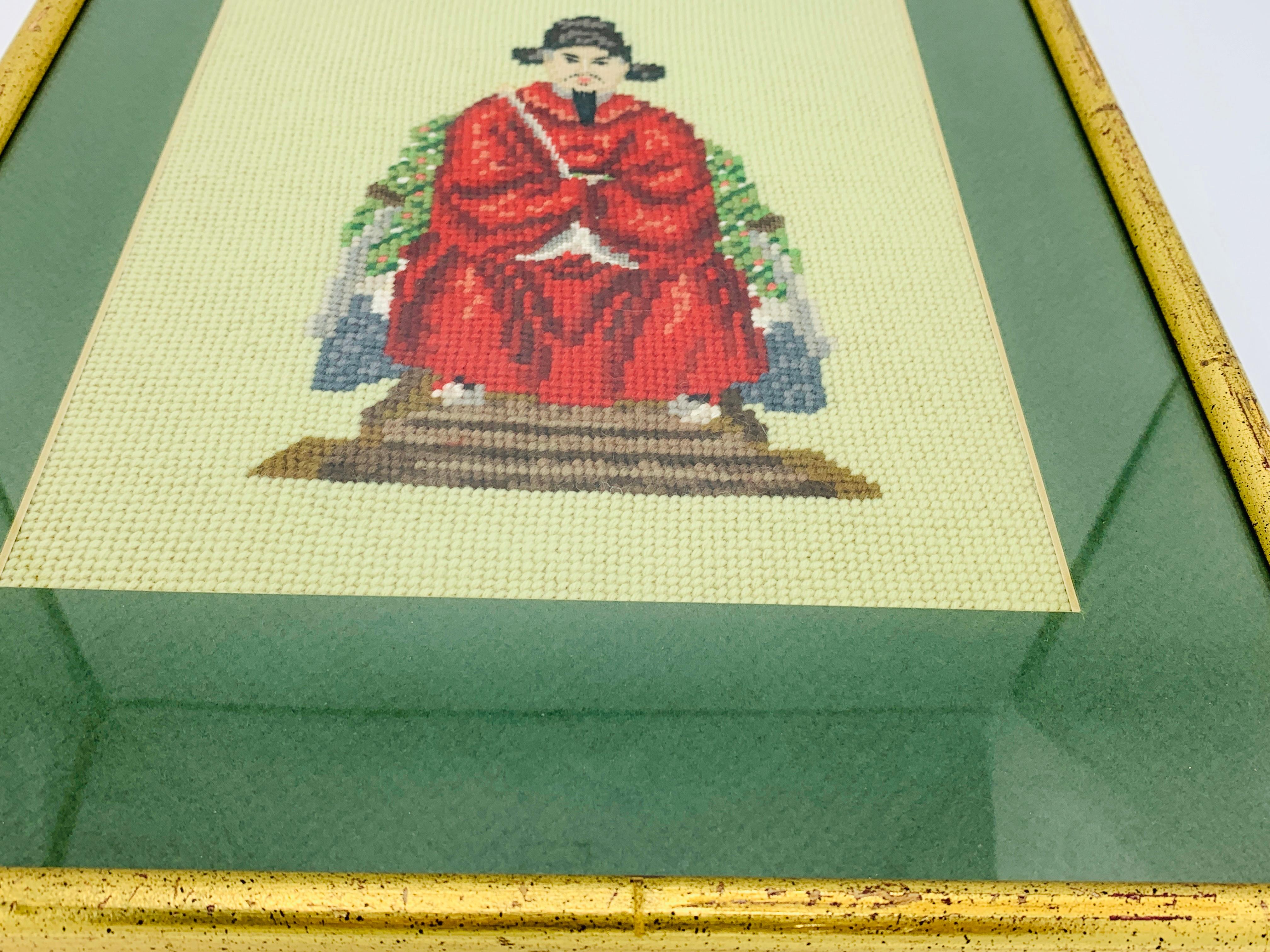 20th Century 1960s Chinoiserie Emperor and Empress Framed Needlepoint Textile Art, Pair For Sale