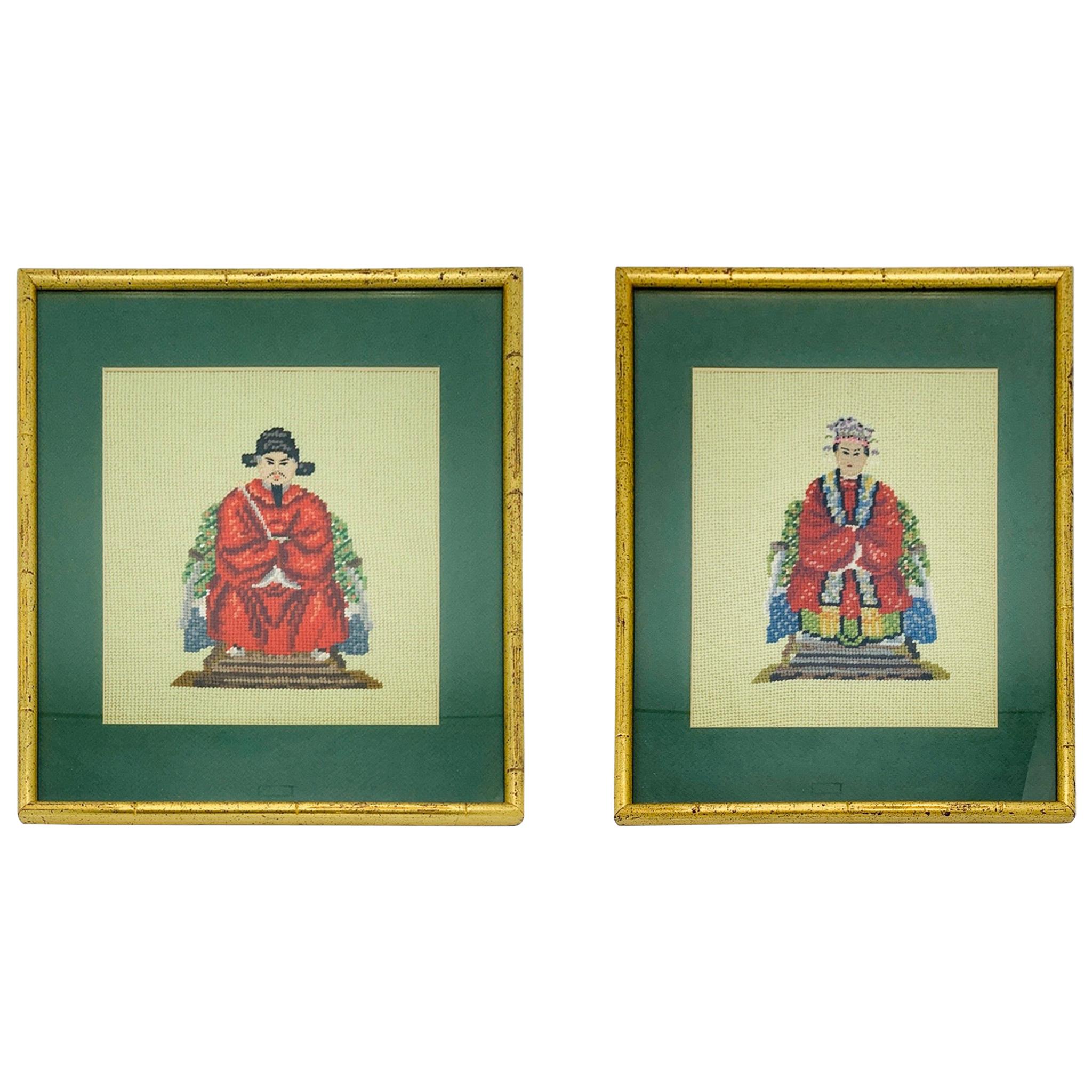 1960s Chinoiserie Emperor and Empress Framed Needlepoint Textile Art, Pair For Sale