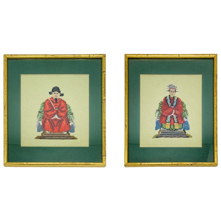 1960s Chinoiserie Emperor and Empress Framed Needlepoint