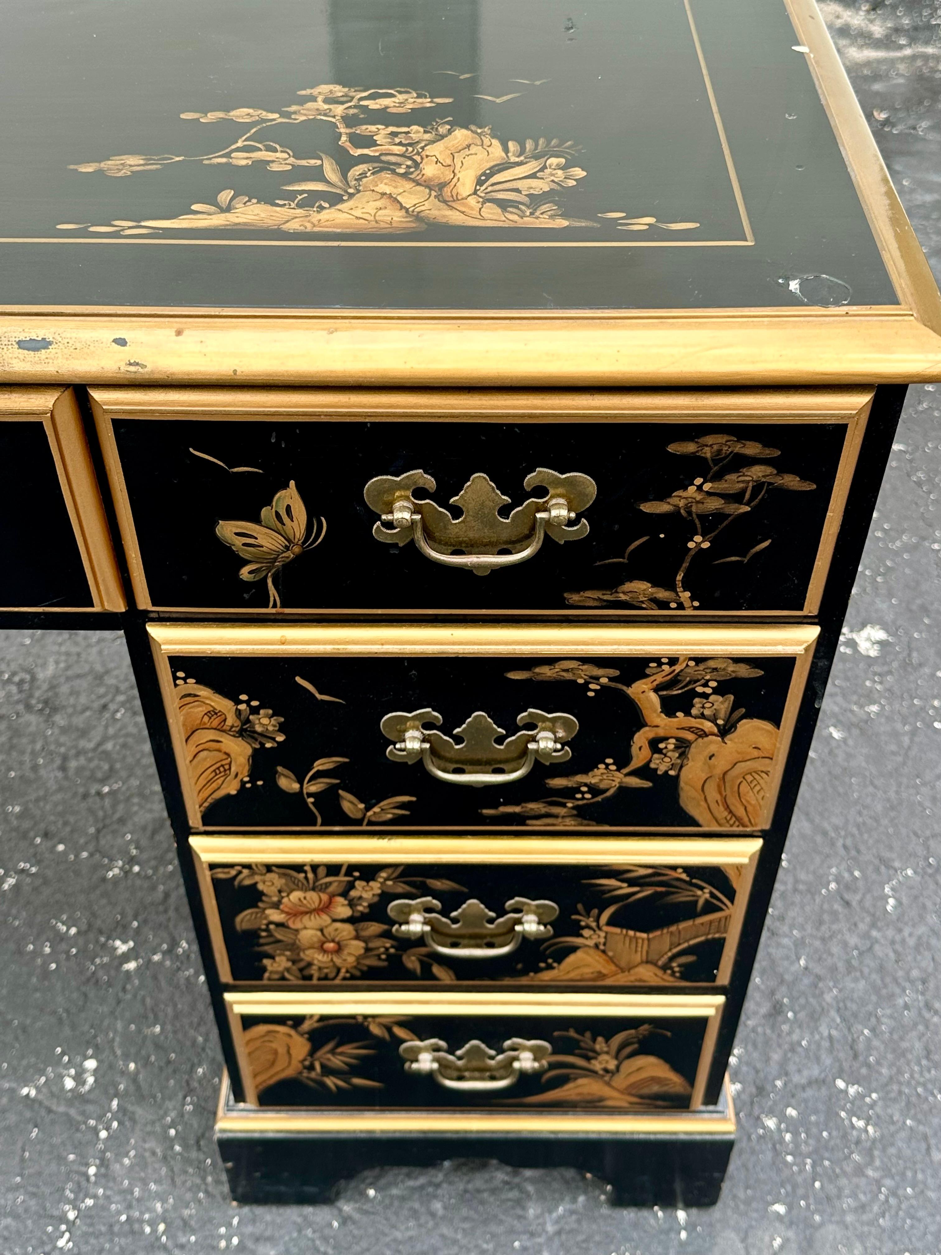 1960s Chinoiserie Hand Painted Black and Gold Wood Desk For Sale 8