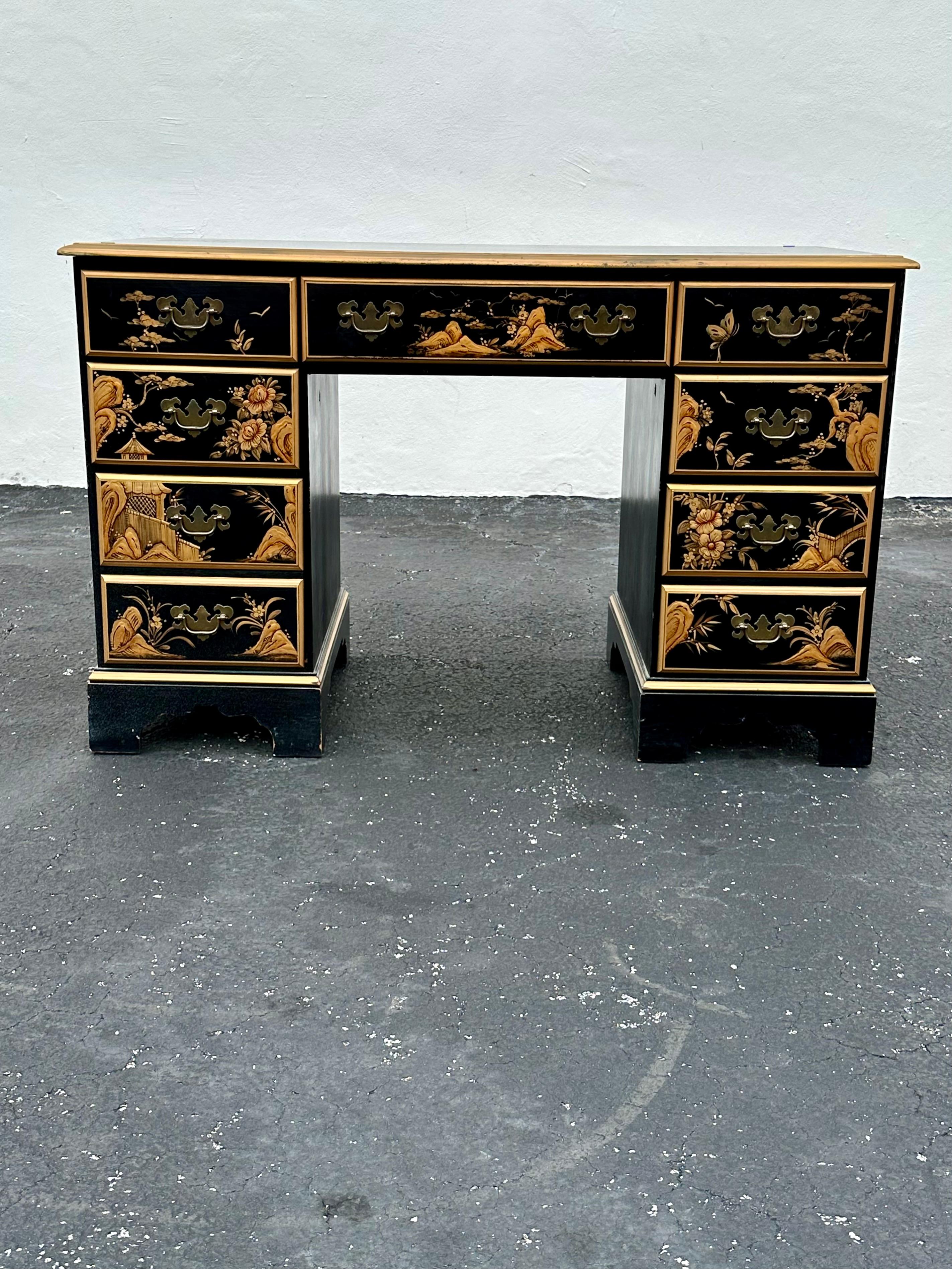 On offer on this occasion is one of the most stunning and rare, hand painted chinoiserie desk you could hope to find. In its original condition. No restoration. Outstanding design is exhibited throughout. The beautiful desk is statement piece and